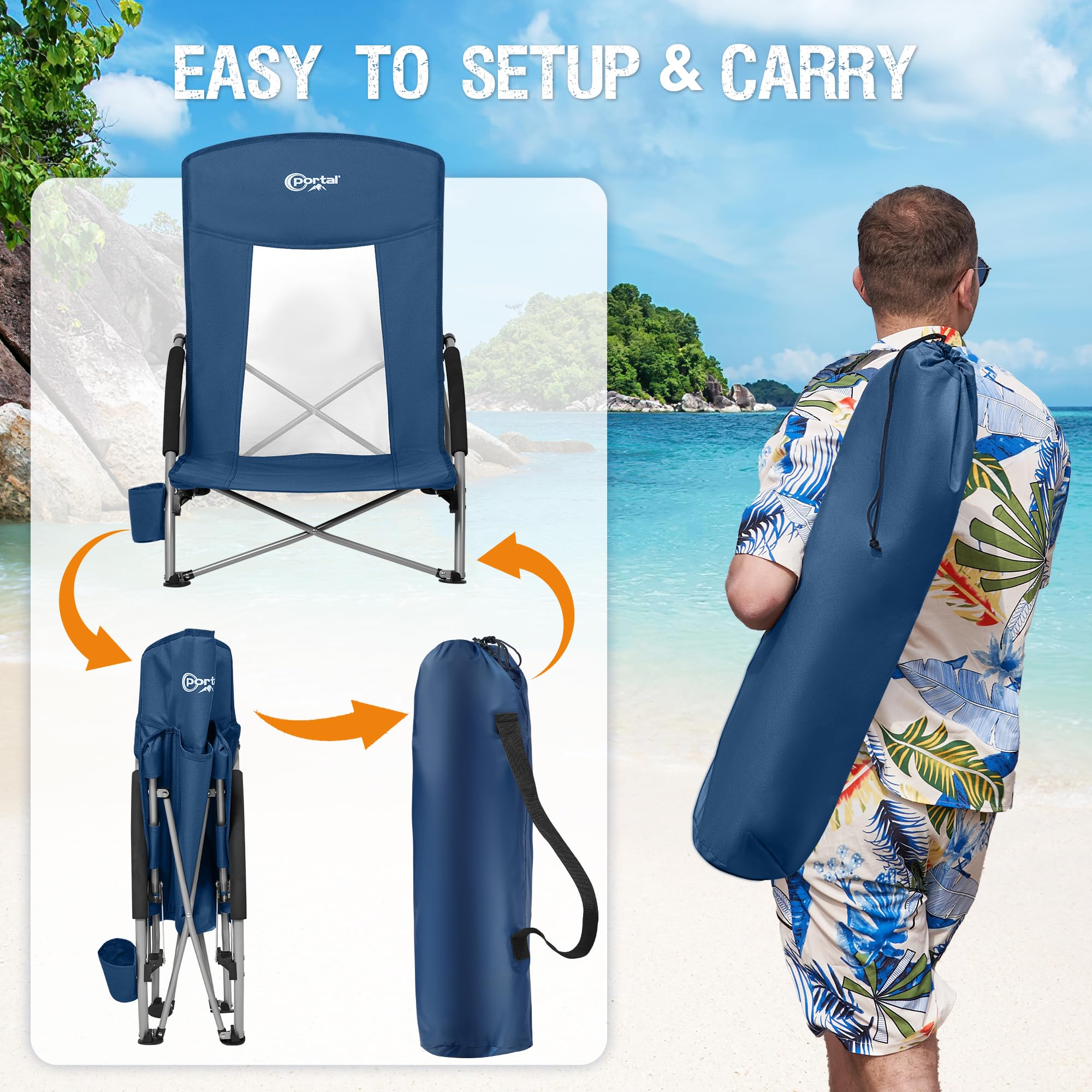 PORTAL Lightweight Beach Chair for Adults - Portable Camping Chair with Cup Holder, Mesh Back & Carry Bag - Supports 300LBS - Perfect for Outdoor, Travel, Picnic, Concert & Beach Use