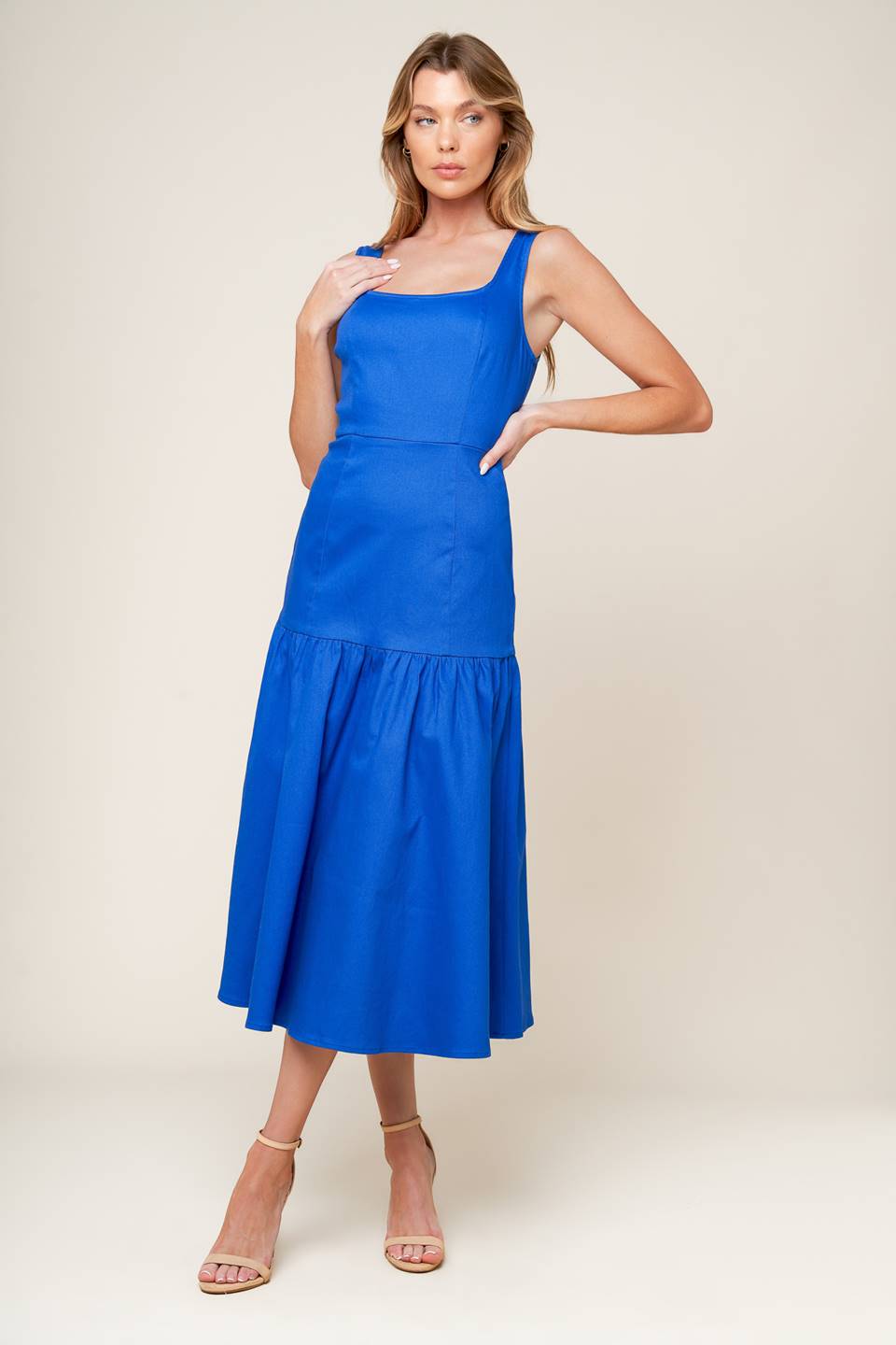 Bonnie Blue Midi Dress with Square Neckline & Drop Waist - Elegant Women's Summer Dress for Casual Outings, Weddings & Beach Vacations