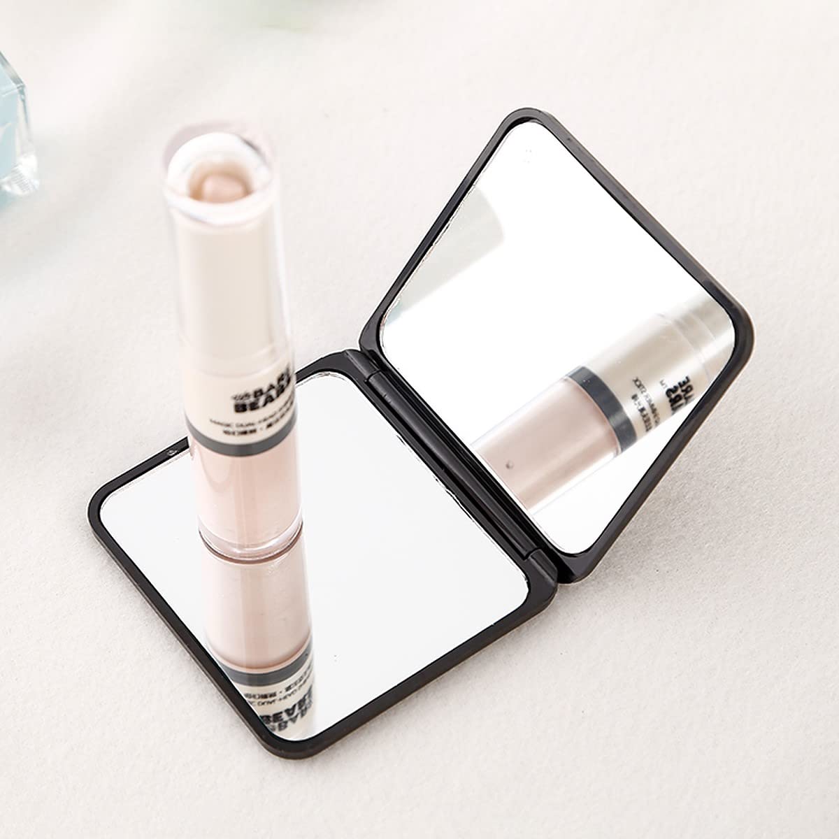 Wolpin Foldable Makeup Mirror - Portable Vanity Mirror for Women & Men - Compact Square Framed Glass Mirror for Handbag, Purse, Travel & Home Use - Black Tabletop Mount Mirror for Makeup, Shaving & Grooming
