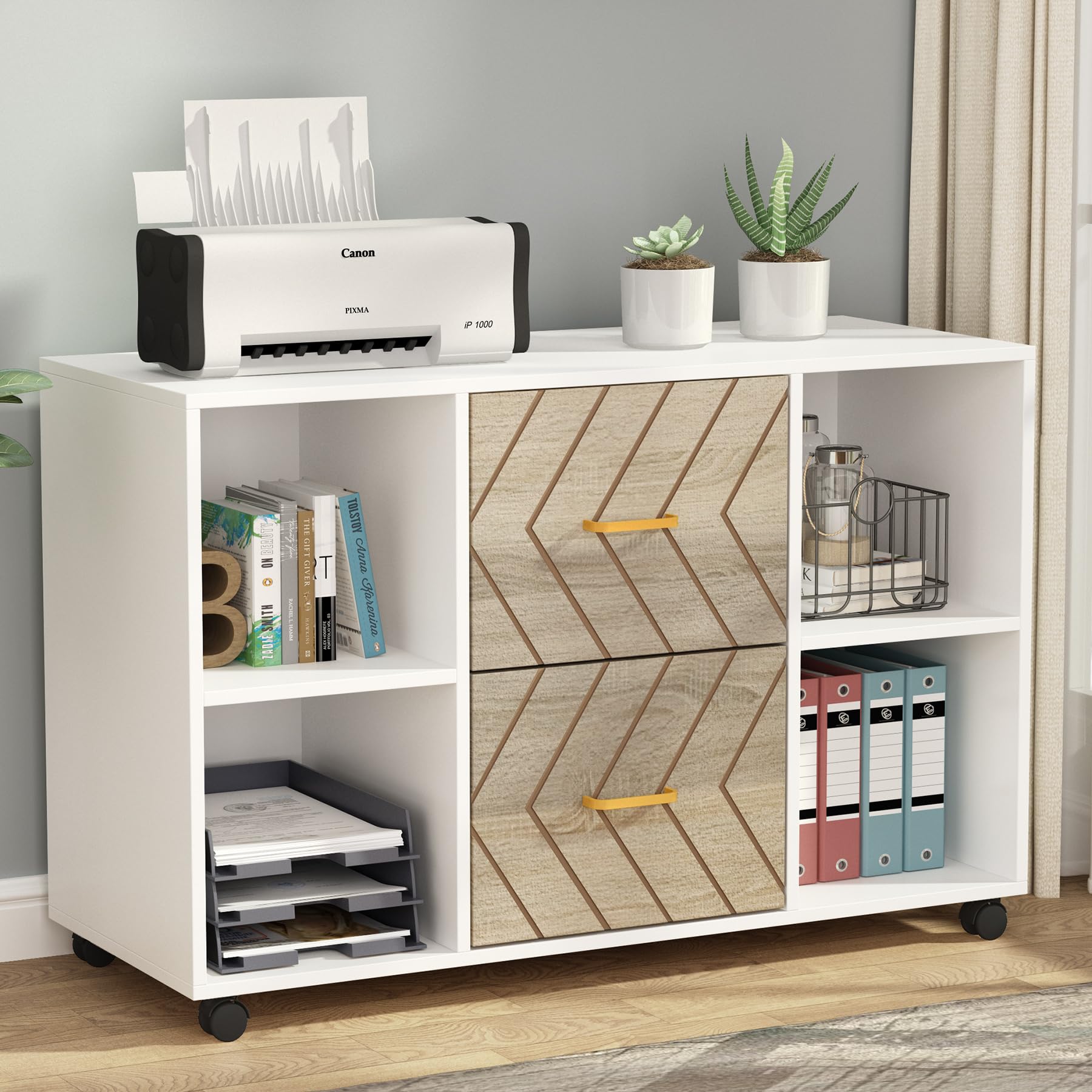 Tribesigns 2-Drawer File Cabinet - Large Mobile Lateral Filing Cabinet for Letter Size Documents | Printer Stand with Storage Shelves & Rolling Wheels | Perfect for Home Office Organization (White)