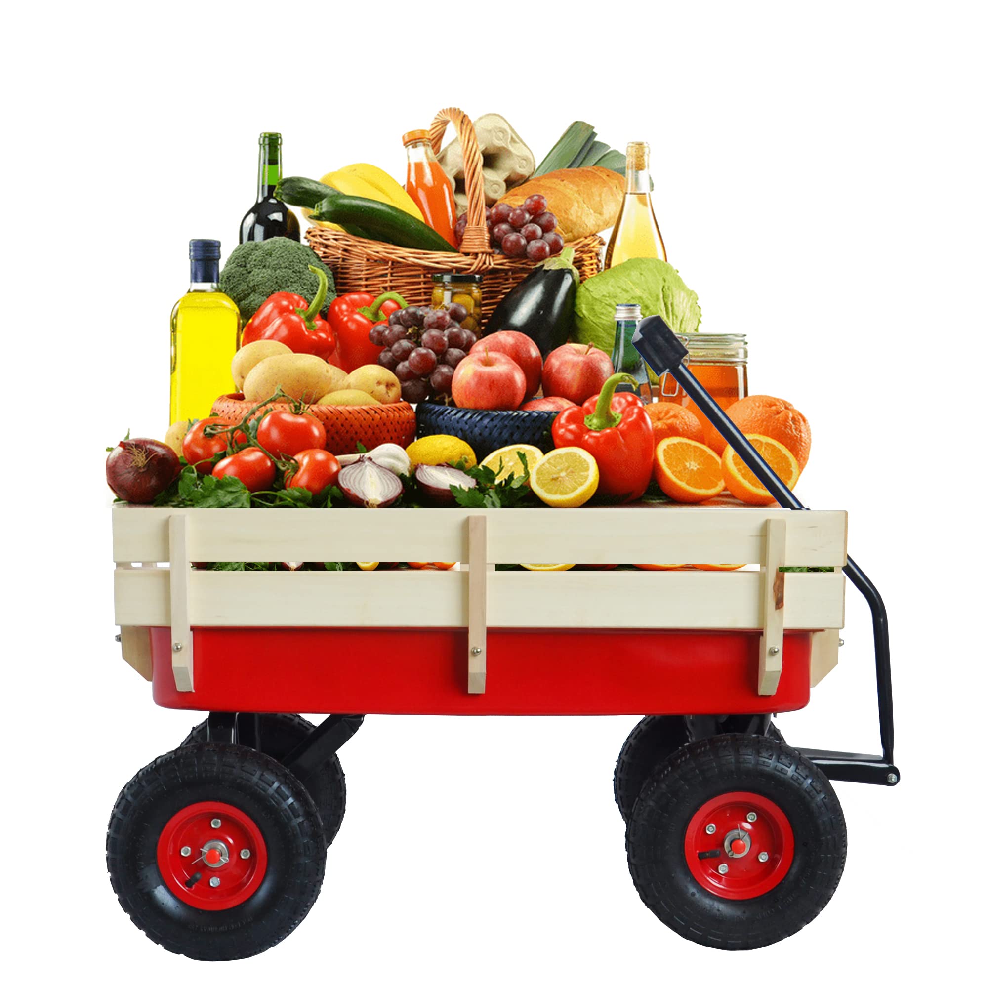 All-Terrain Outdoor Wagon with Wooden Railings & Air-Filled Tires - Heavy Duty Collapsible Garden Cart for Kids, Beach, Camping & Yard Work (Red)