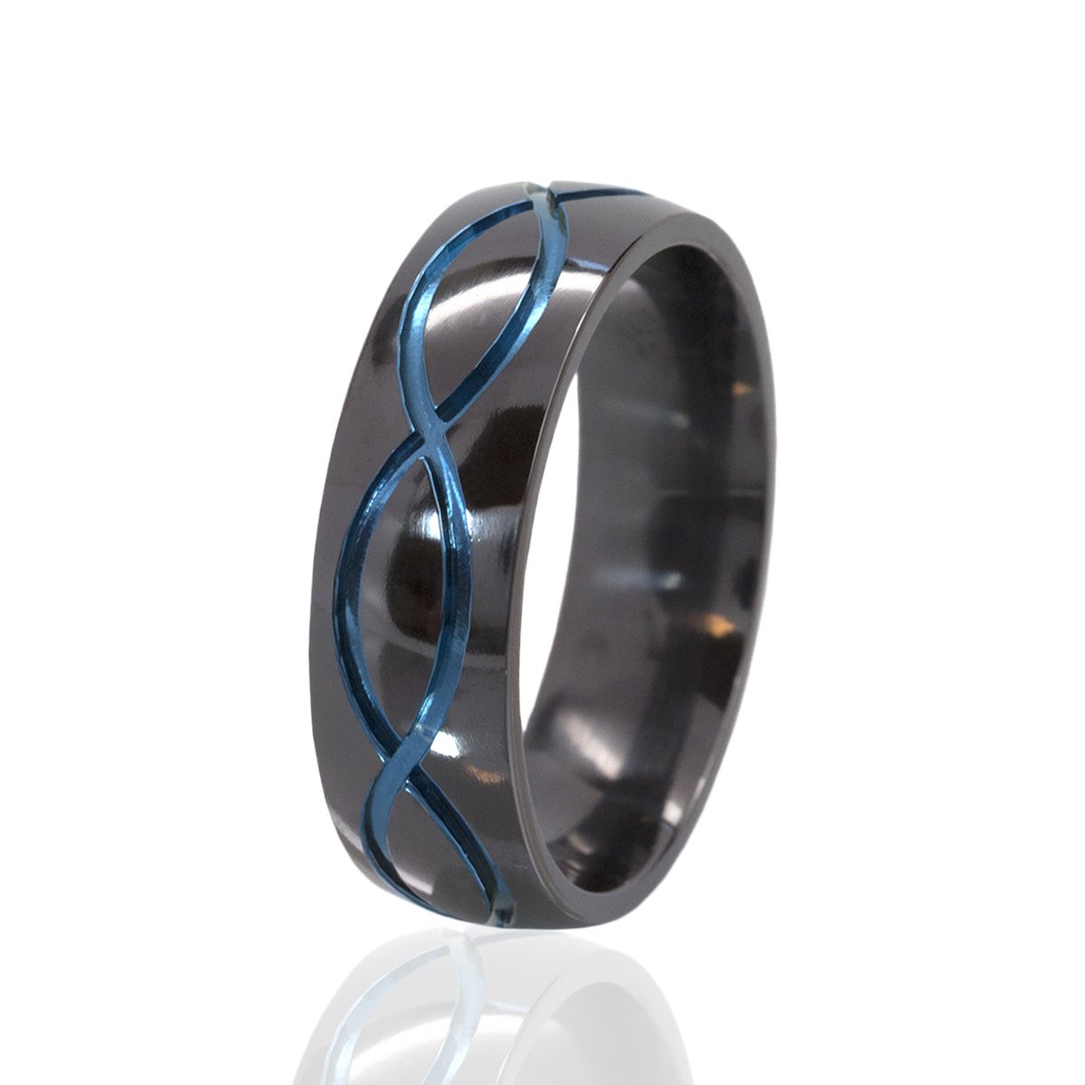 Blue Anodized Infinity Ring for Women - Handcrafted Carved Blue & Black Stainless Steel Band - Unique Infinity Jewelry Gift for Her - Perfect for Anniversaries, Weddings & Special Occasions