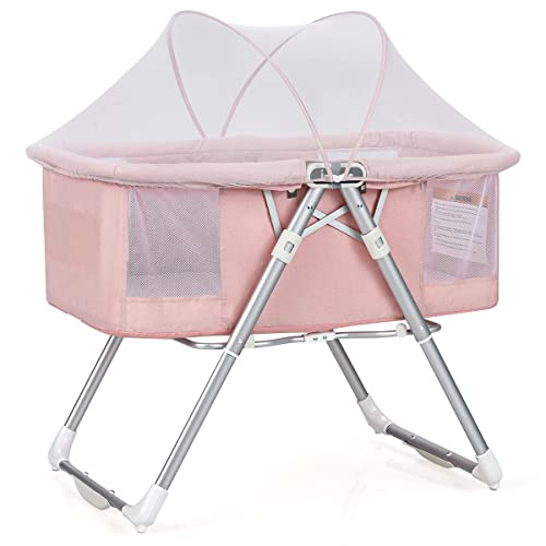 INFANS 2-in-1 Rocking Bassinet for Newborn Baby | Portable Foldable Travel Crib with Detachable Thick Mattress | Adjustable Height, Mosquito Net & Dual Modes (Rocking/Stationary) - Pink | Perfect for Nursery, Bedroom & Travel Use
