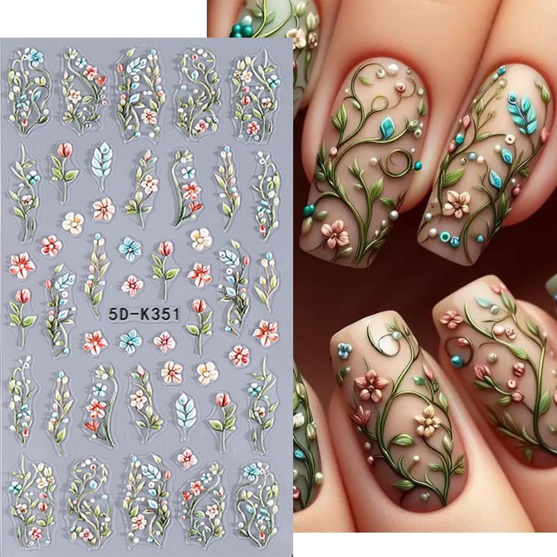 5D Floral Nail Stickers for Women - Spring Flower Nail Art Decals with Embossed Design | Self-Adhesive White, Orange, Red & Blue DIY Nail Charms | Perfect for Nail Salon, Home Manicure, Party & Wedding Nail Art Accessories