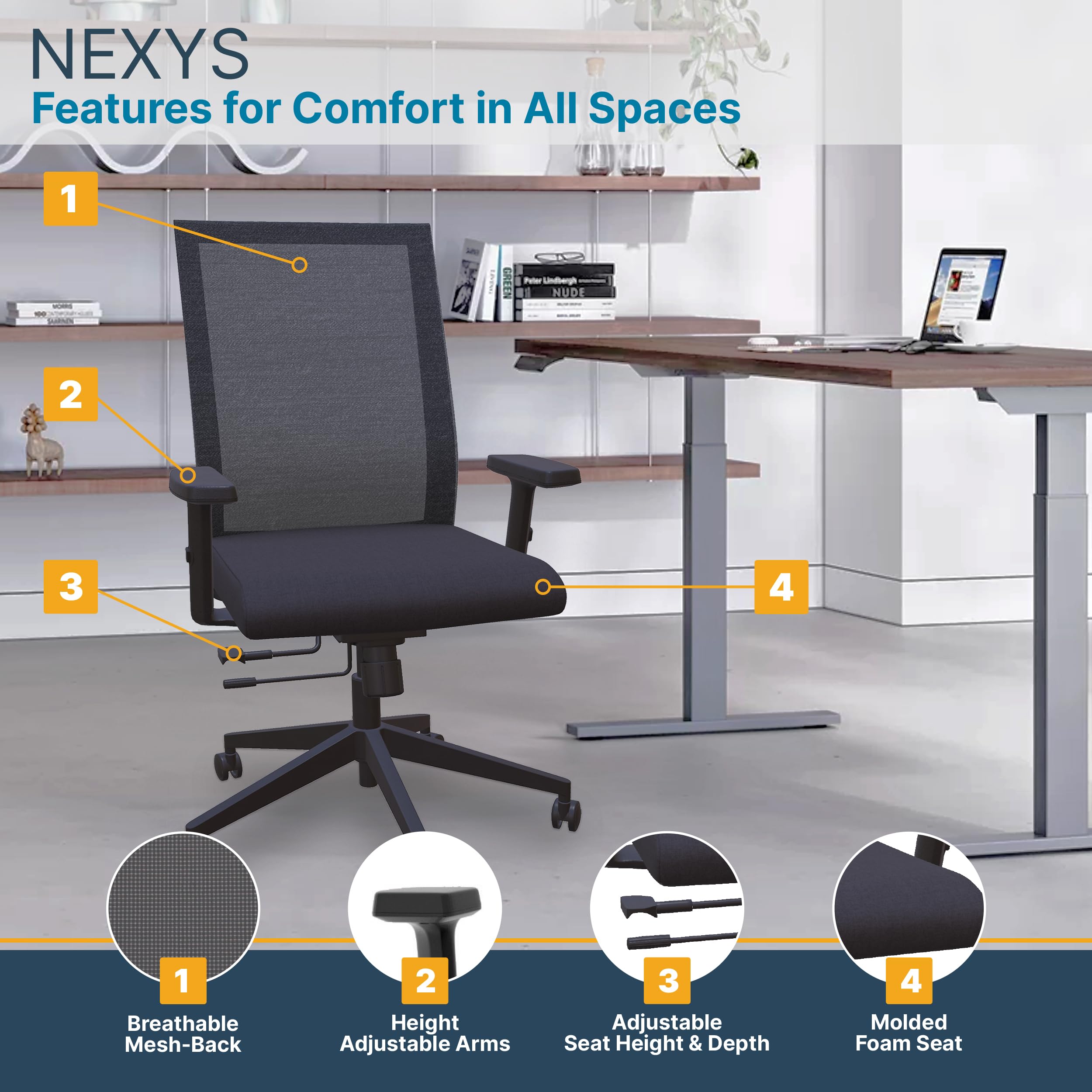 Ergonomic Mesh Office Chair with Adjustable Height & Tilt - Nexys Home Swivel Desk Chair with Wheels, Lumbar Support & Breathable Fabric for Long Work Hours - Perfect for Home Office & Gaming (Charcoal)