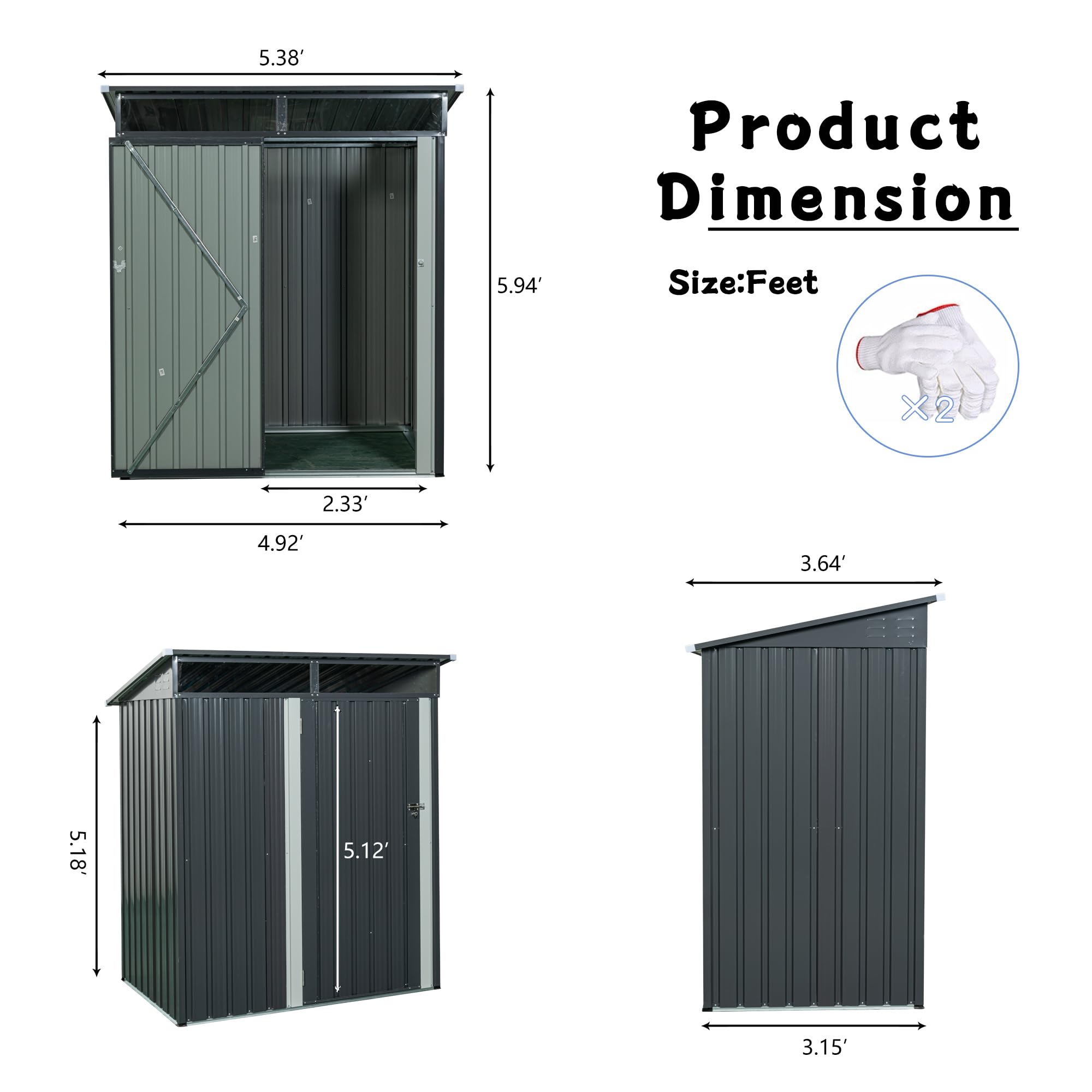 5x3ft Galvanized Steel Outdoor Storage Shed - Lockable Metal Garden Shed for Garbage Cans, Tools & Lawn Equipment | Weather-Resistant Backyard, Patio & Garage Storage Solution (Gray)