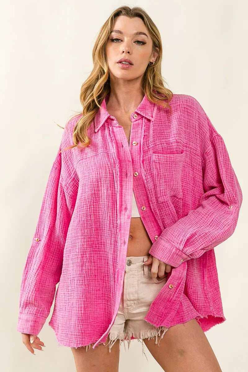 BiBi Raw Edge Detailed Mineral Washed Loose Fit Shirt for Women | Distressed Vintage Style Casual Top | Perfect for Streetwear, Layering & Everyday Outfits