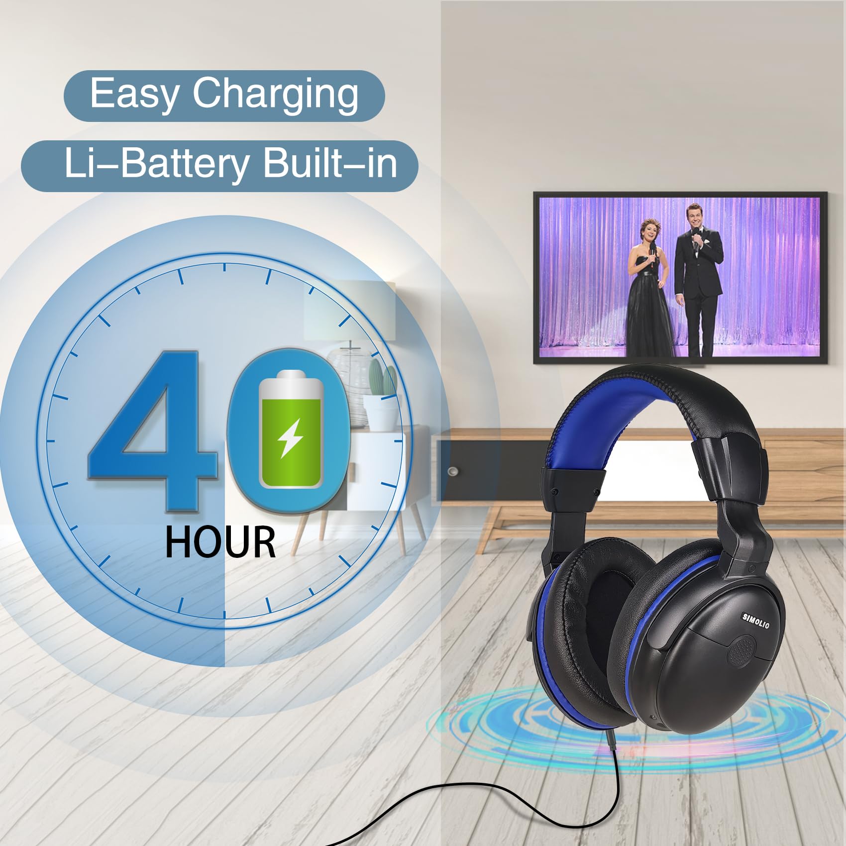 SIMOLIO Amplified TV Headphones for Seniors - 18ft Extra Long Coil Cord, Volume Control & Clear Dialogue - Over Ear Wired Headphones with 40 Hours Playtime & Clip - Perfect for Watching TV, Movies, and Hearing Assistance at Home