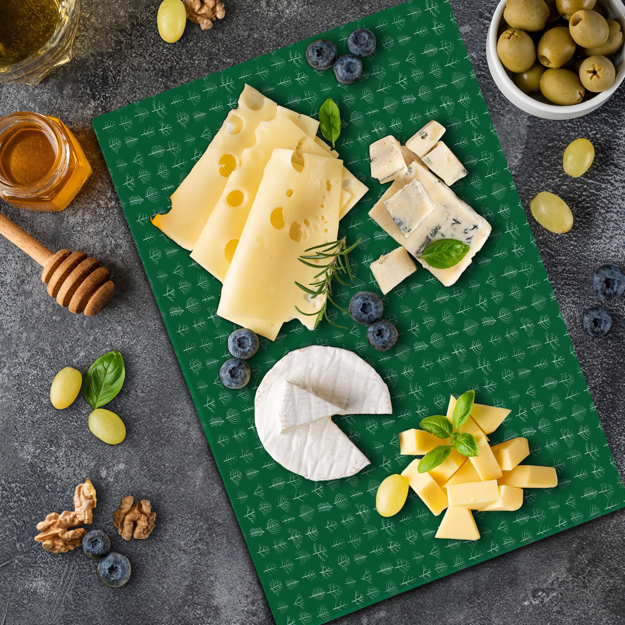 Ambesonne Forest Themed Tempered Glass Cutting Board - Doodle Tree & Leaf Herbs Pattern - Nature Inspired Birch, Ash, Maple, Aspen, Larch, Oak, Poplar Design - Large Decorative Serving Board in Green & White - Perfect for Kitchen Prep, Charcuterie Display & Holiday Entertaining