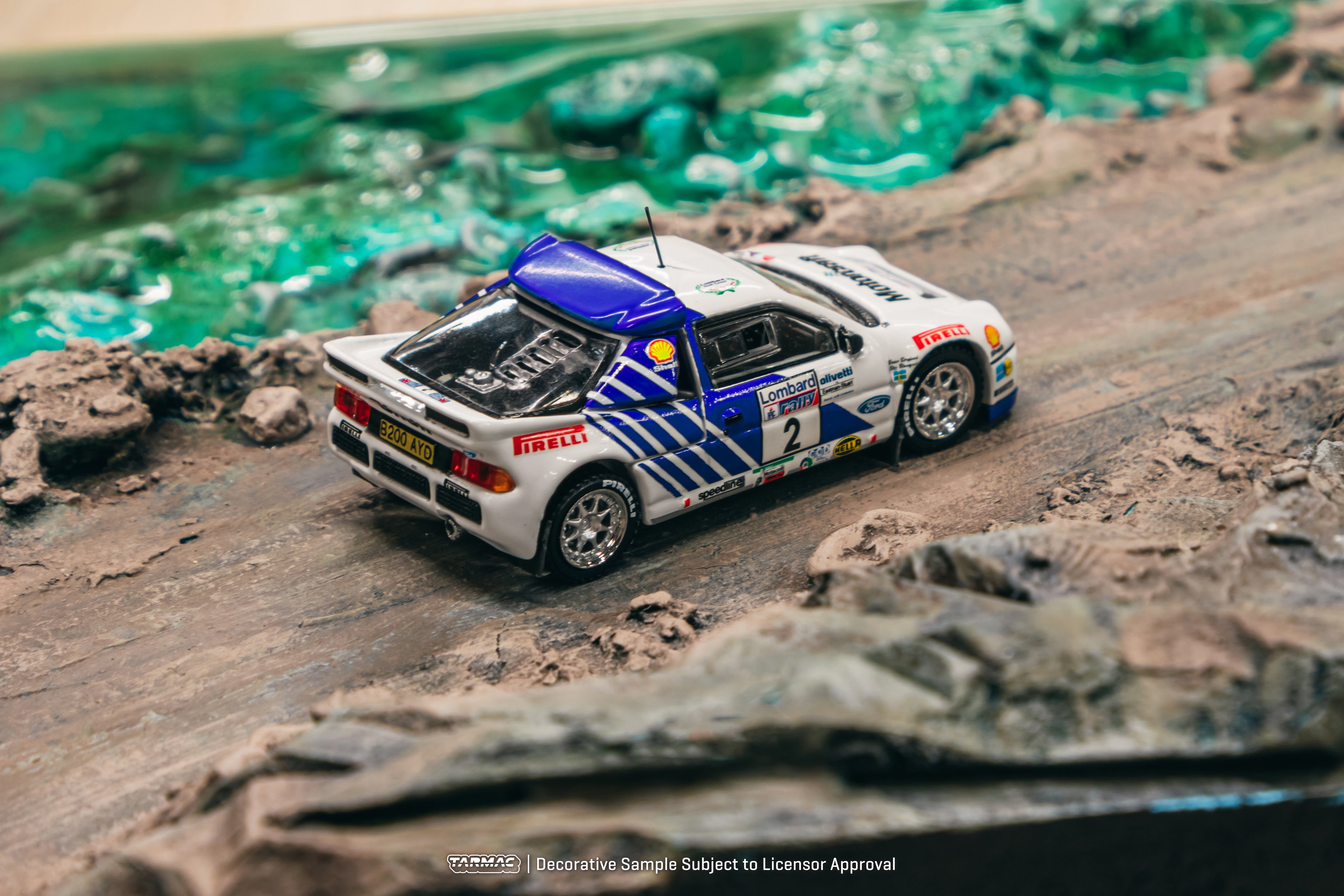 Tarmac Works 1/64 Scale Ford RS200 Lombard RAC Rally 1986 #2 Diecast Model Car - Collectible Miniature Vehicle for Display & Racing Scenes