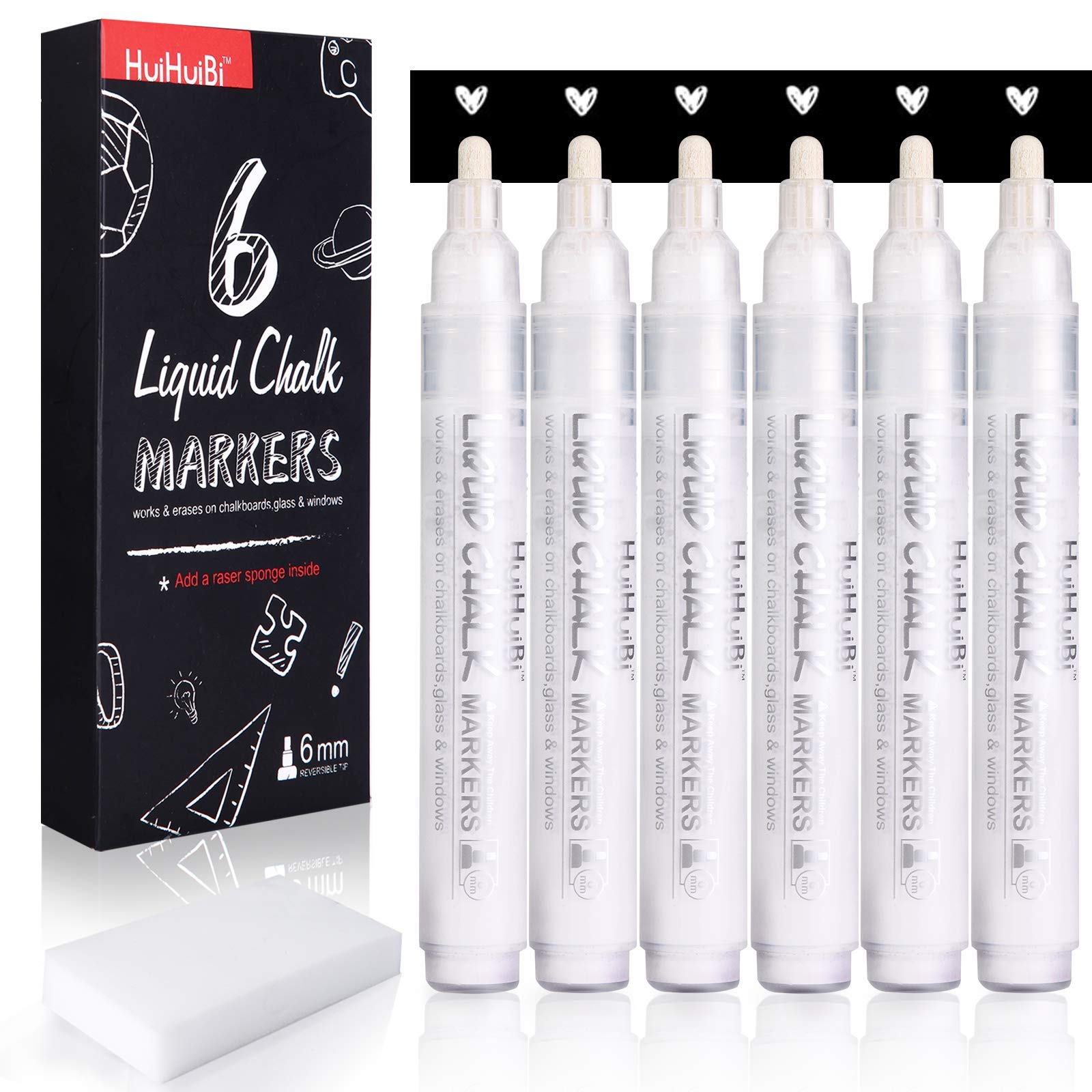 6 Pack White Chalk Markers Set - Liquid Chalk Pens for Blackboard, Windows, Glass & Signs | Dry Erase Whiteboard Markers for Restaurants, Cafes & Home Use | Perfect for Bistro Menus, Classroom Teaching & DIY Projects