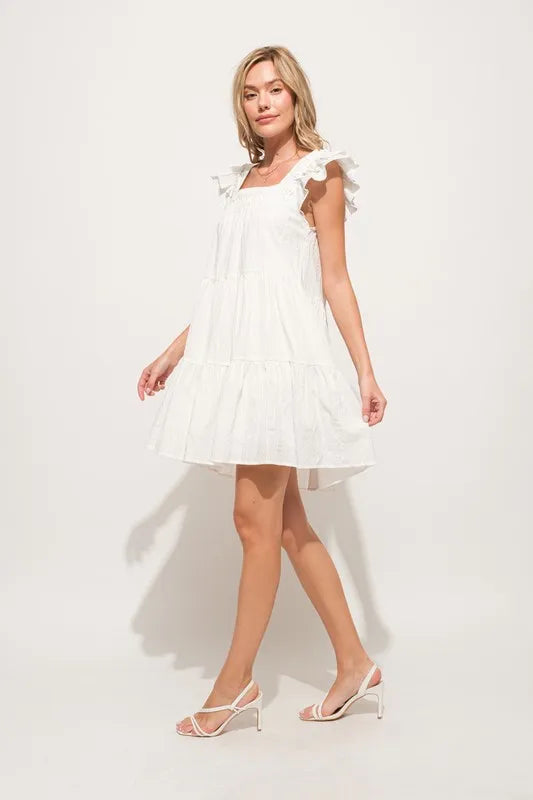 Elegant White Pleated Ruffled Sleeve Tiered Resort Dress for Women - Perfect for Beach Vacations, Summer Weddings & Tropical Getaways