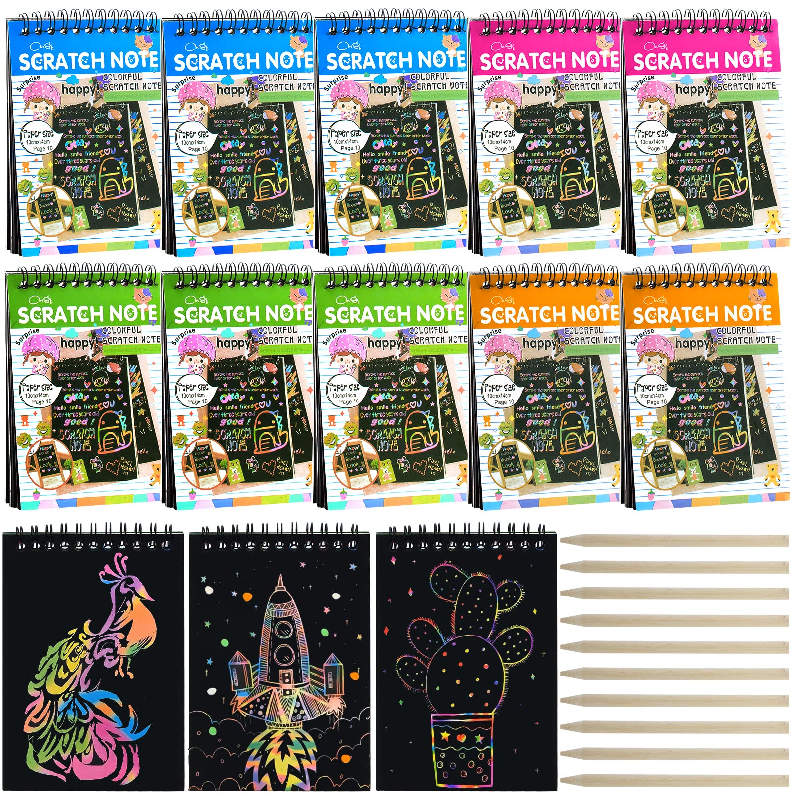 10 Pack Rainbow Scratch Notebooks for Kids - Color Reveal Art Pads with Wooden Stylus - Creative Arts & Crafts Activity for Birthday Parties, Classroom Projects & Travel Entertainment