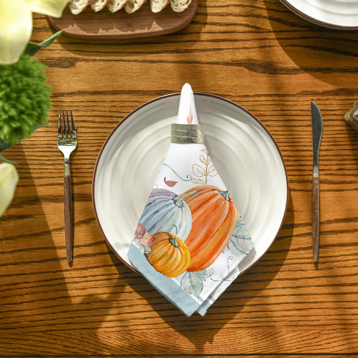 Premium 18x18 Inch Fall Cloth Napkins Set of 8 - Thanksgiving Harvest Orange & Blue Pumpkin Leaf Design - Washable Reusable Dinner Napkins for Autumn Parties, Holiday Decorations & Seasonal Table Settings