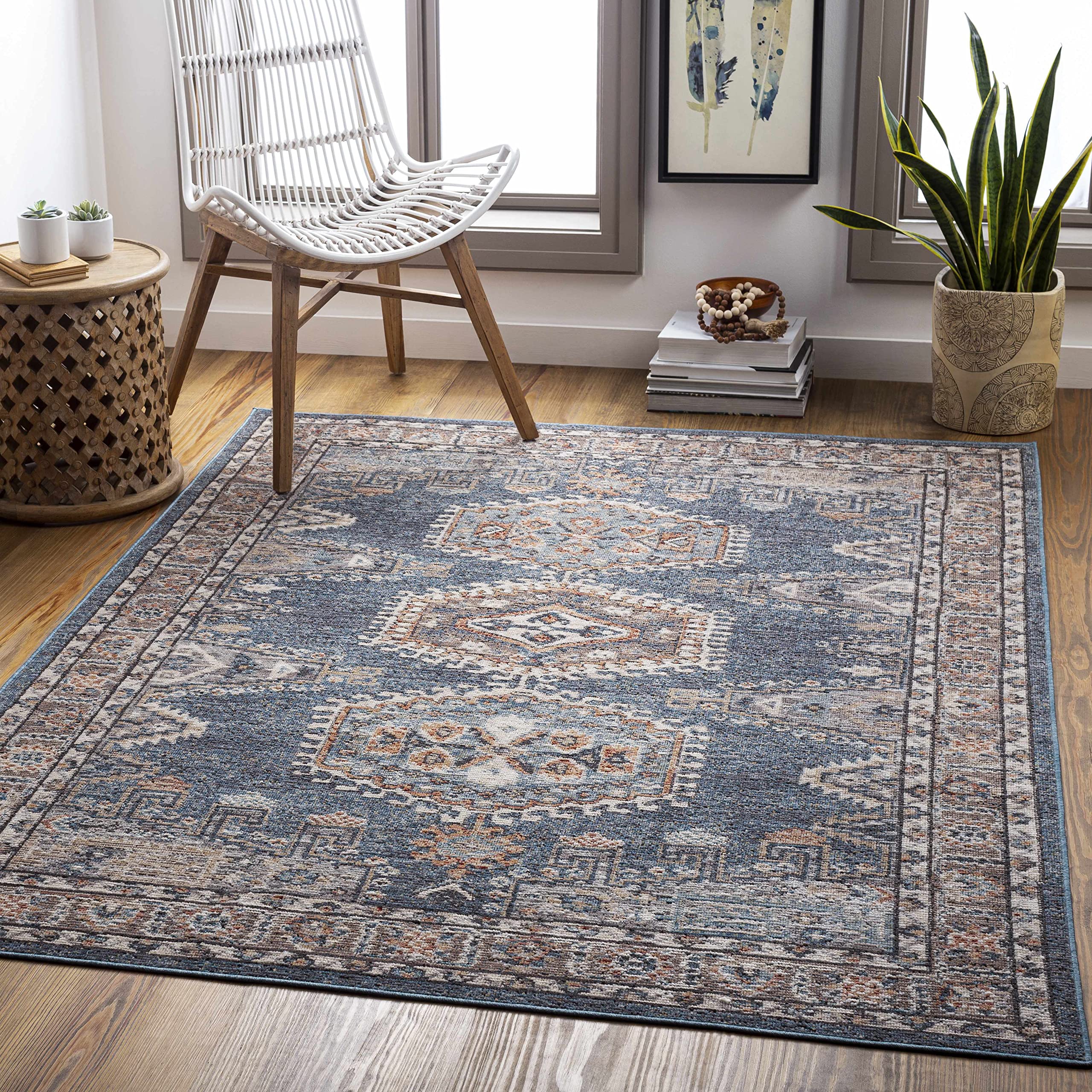 Watsonia Indoor Outdoor Area Rug - Waterproof Vintage Persian Oriental Carpet for Porch, Patio, Deck - Blue, Orange, Brick Red - 6'7