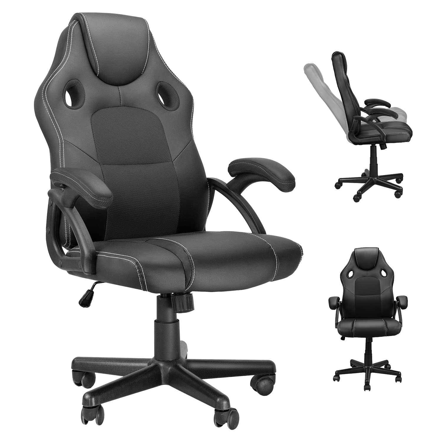 MUZII Gaming Computer Chair - Ergonomic PU Leather Racing Office Desk Chair with Adjustable Height & Wheels for Teens & Kids - Perfect for Gaming, Streaming & Home Office (Black)