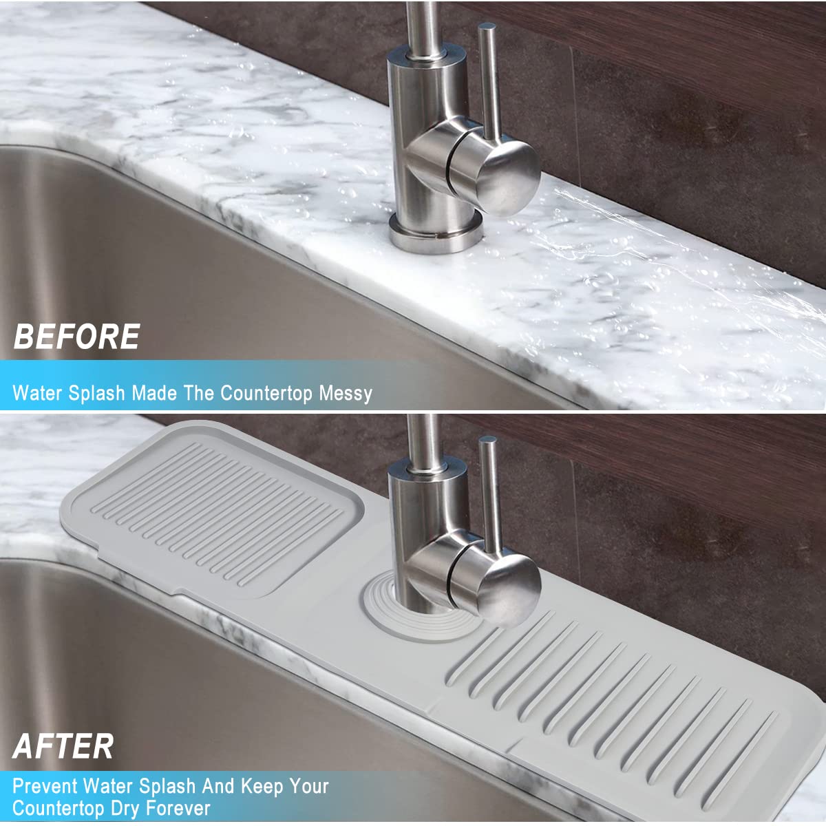 Silicone Sink Splash Guard - Non-Slip Faucet Mat for Kitchen & Bathroom | Water Absorbent Sink Accessory with Sponge Holder (Grey) | Perfect for Preventing Water Splashes While Washing Dishes or Brushing Teeth
