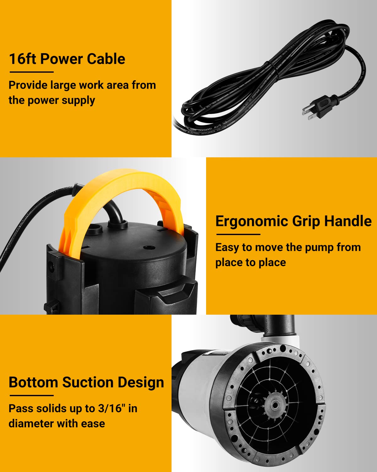 DEKOPRO 1HP Submersible Water Pump 3302GPH 750W - Portable Electric Utility Pump for Swimming Pools, Tubs, Garden Ponds - 16ft Power Cord - Ideal for Water Transfer, Drainage & Irrigation