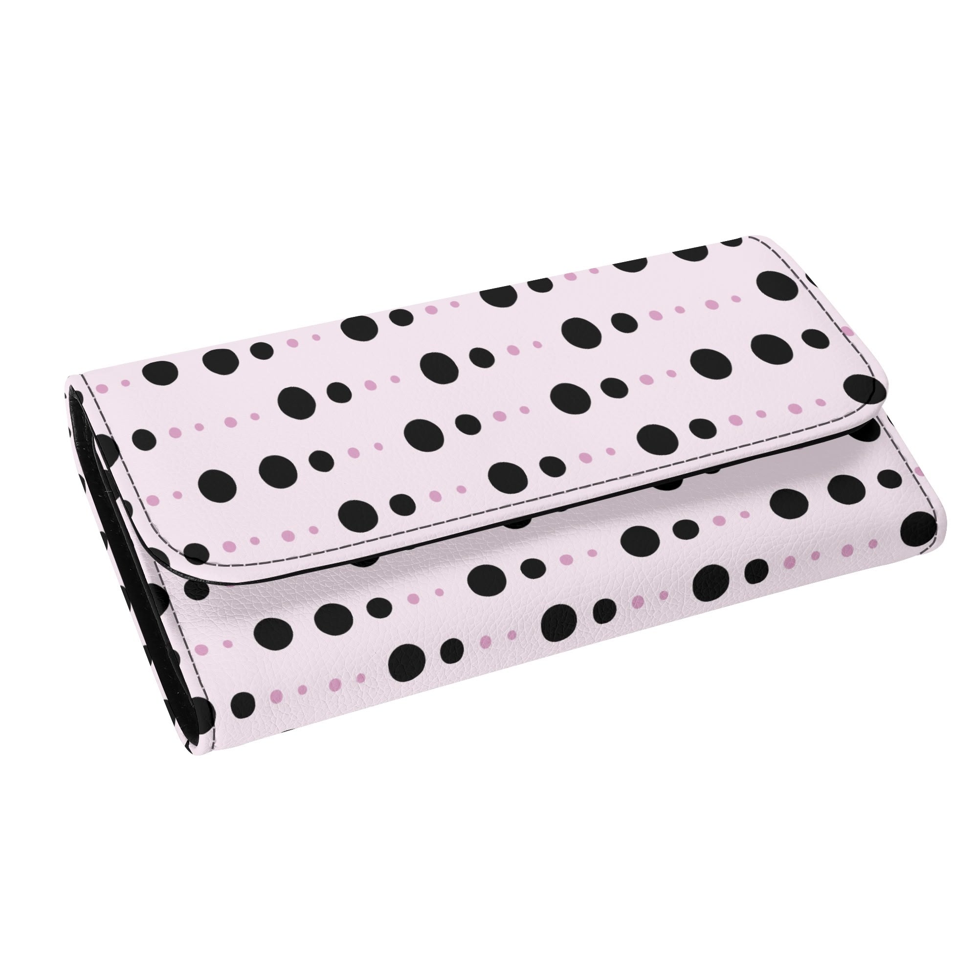 Stylish Black and Pink Polka Dot Leather Trifold Clutch Wallet for Women - Perfect for Parties, Weddings & Evening Events