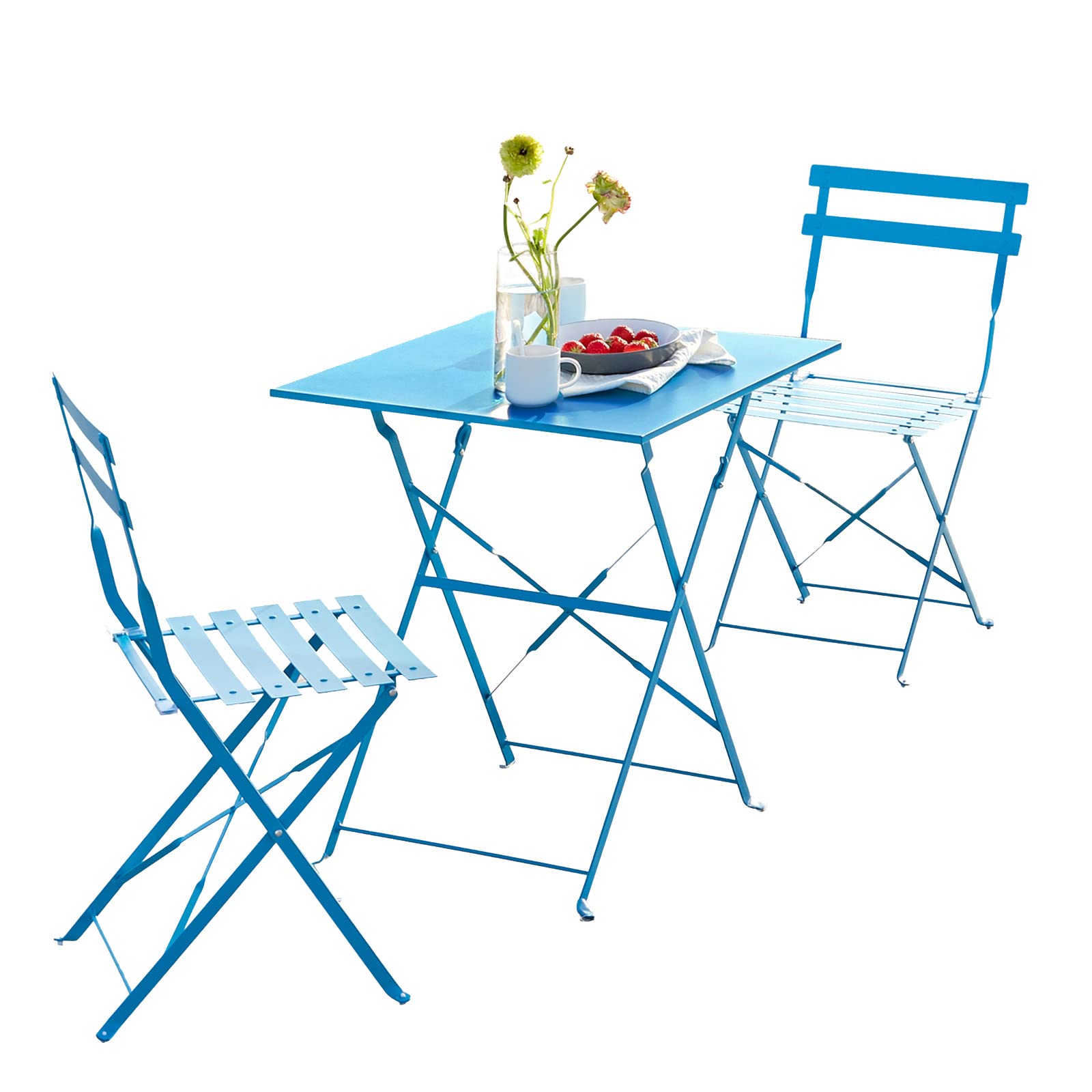 SUMETURE 3-Piece Patio Bistro Set - Foldable Outdoor Furniture with 1 Table & 2 Chairs for Patio, Yard, Garden, Balcony & Poolside (Blue) - Perfect for Outdoor Dining, Relaxing & Entertaining