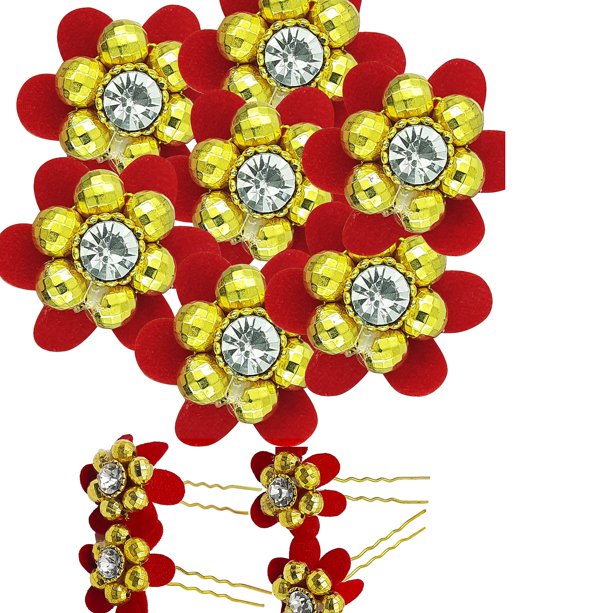 Elegant Golden Pearl & Red Flower Crystal Hair Pins for Bridal Wedding Jewelry – Pack of 12 | Perfect for Bridesmaids, Prom, and Special Occasions