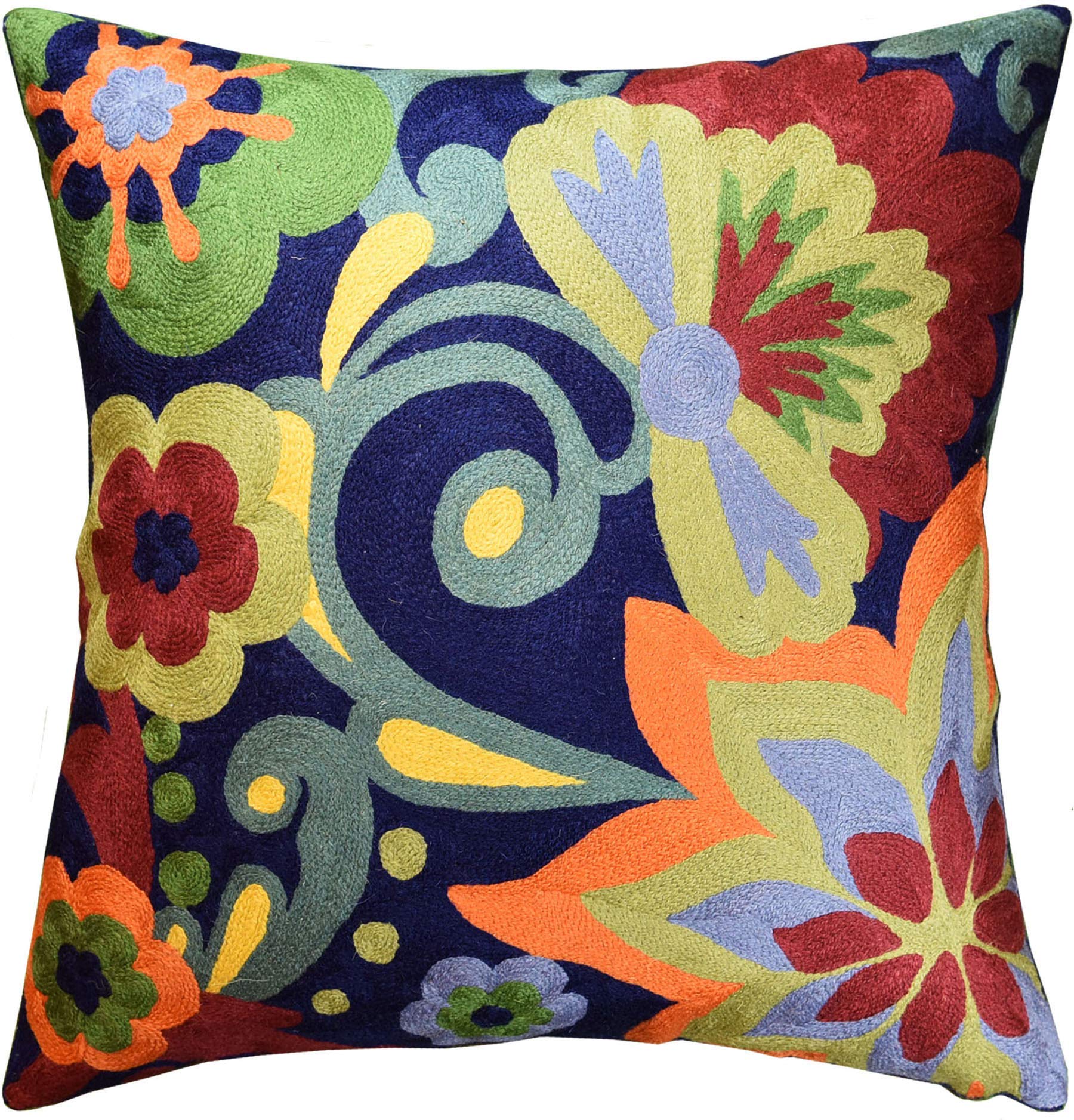 Blue Floral Pillow Cover 18x18 - Navy Flower Throw Pillow & Hand Embroidered Suzani Cushion for Sofa, Bed, Outdoor Chair | Boho Home Decor & Living Room Accent Pillow