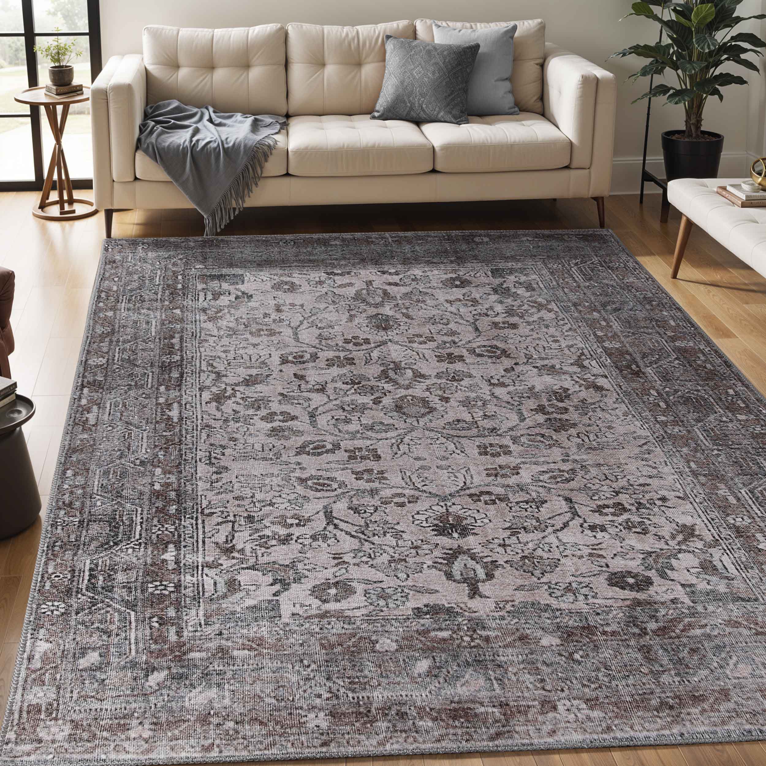Vintage Distressed Floral Medallion Indoor Area Rug - Soft Bohemian Style Non-Slip Living Room Carpet for Bedroom, Dorm & Apartment Decor
