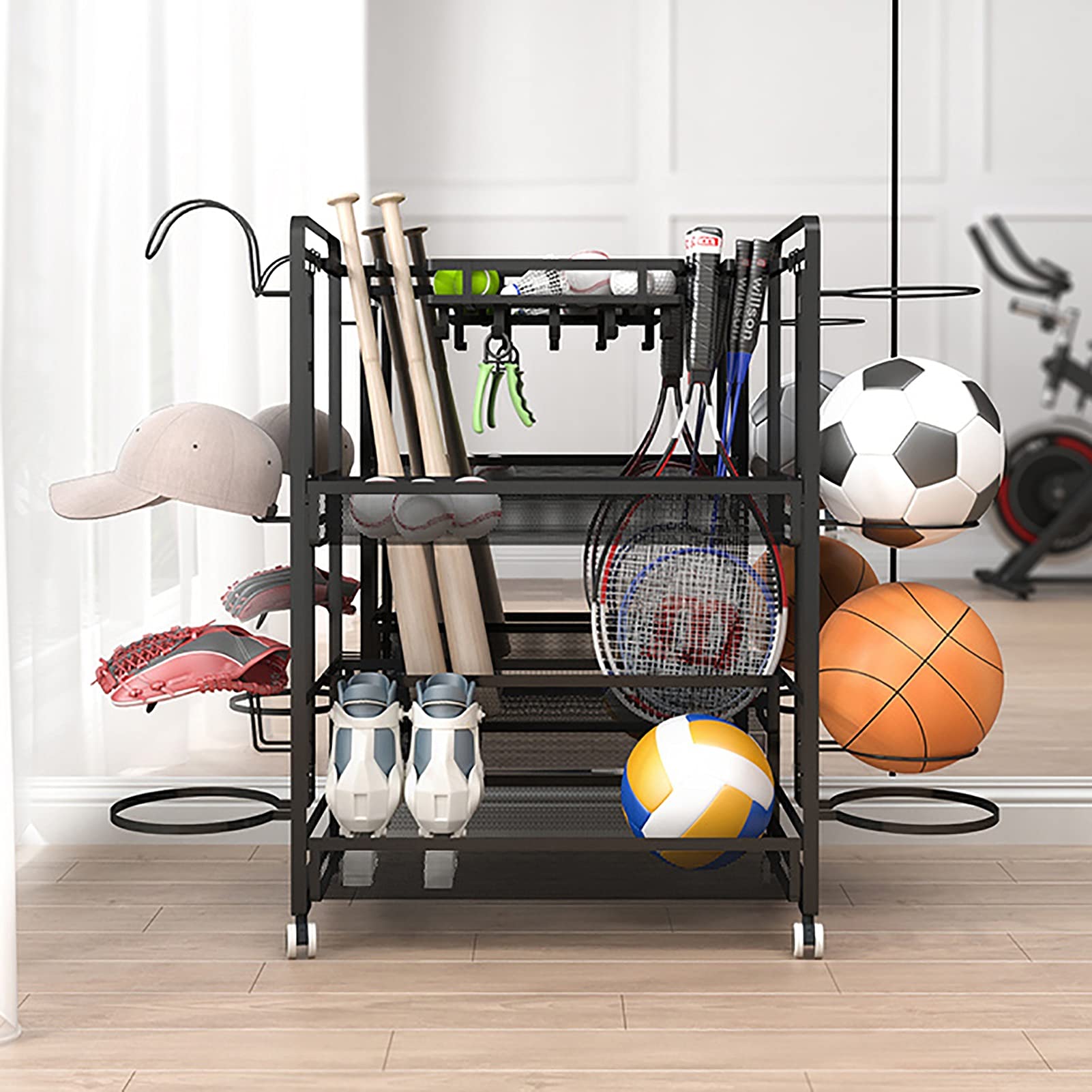 CMMC Rolling Sports Equipment Storage Rack with Baskets & Hooks - Garage Ball Organizer for Basketball, Soccer, Football Gear - Indoor & Outdoor Sports Gear Storage Solution for Home, Gym, and Playroom Organization