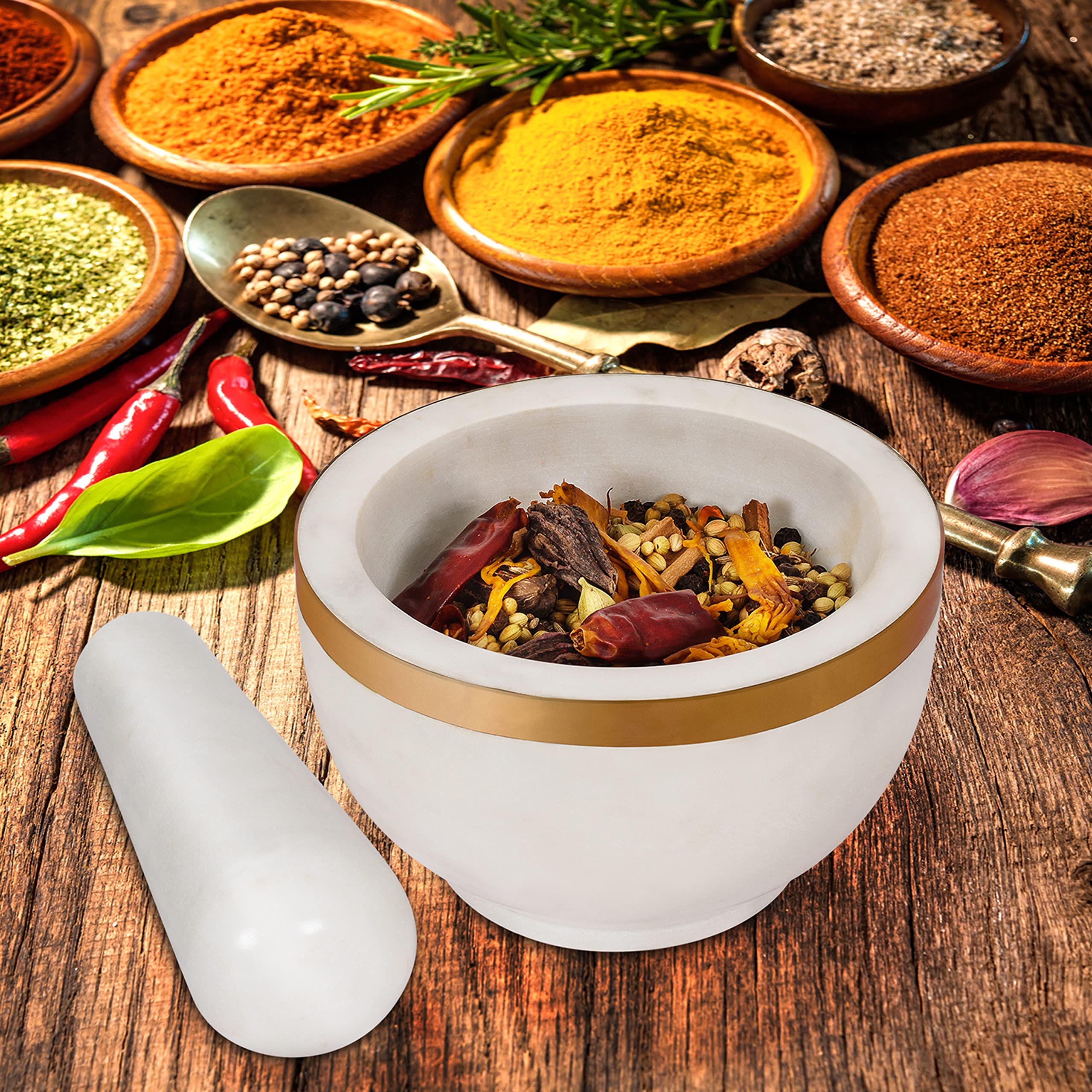 Premium Marble Mortar and Pestle Set with Brass Top - Heavy Duty Natural Stone Grinder for Spices, Herbs, Seasonings, Pastes & More - Perfect for Kitchen, Cooking, Ayurveda & Herbal Medicine Preparation