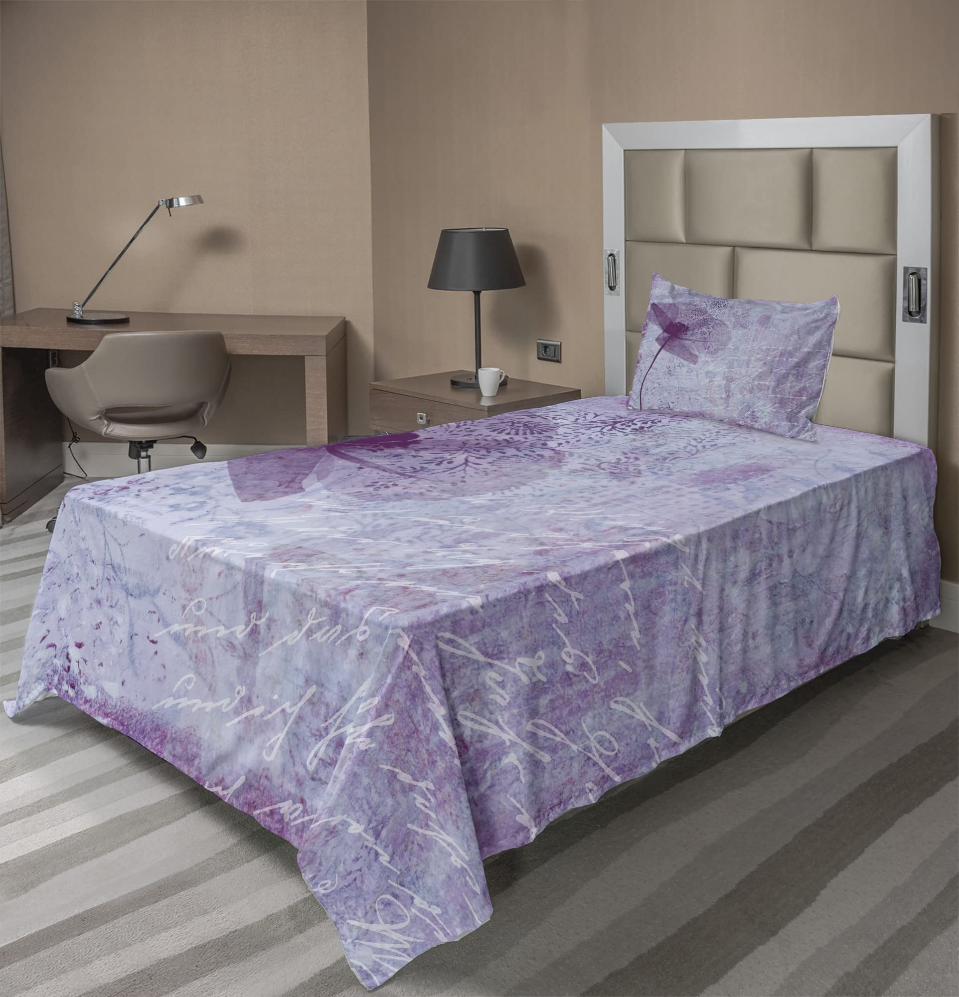 Ambesonne Poppy Flower 3-Piece Sheet Set - Twin Size, Lilac - Vintage Floral Design with Poetry Pattern for Romantic Bedroom Decor | Perfect for Guest Rooms, Dorms & Cozy Home Styling