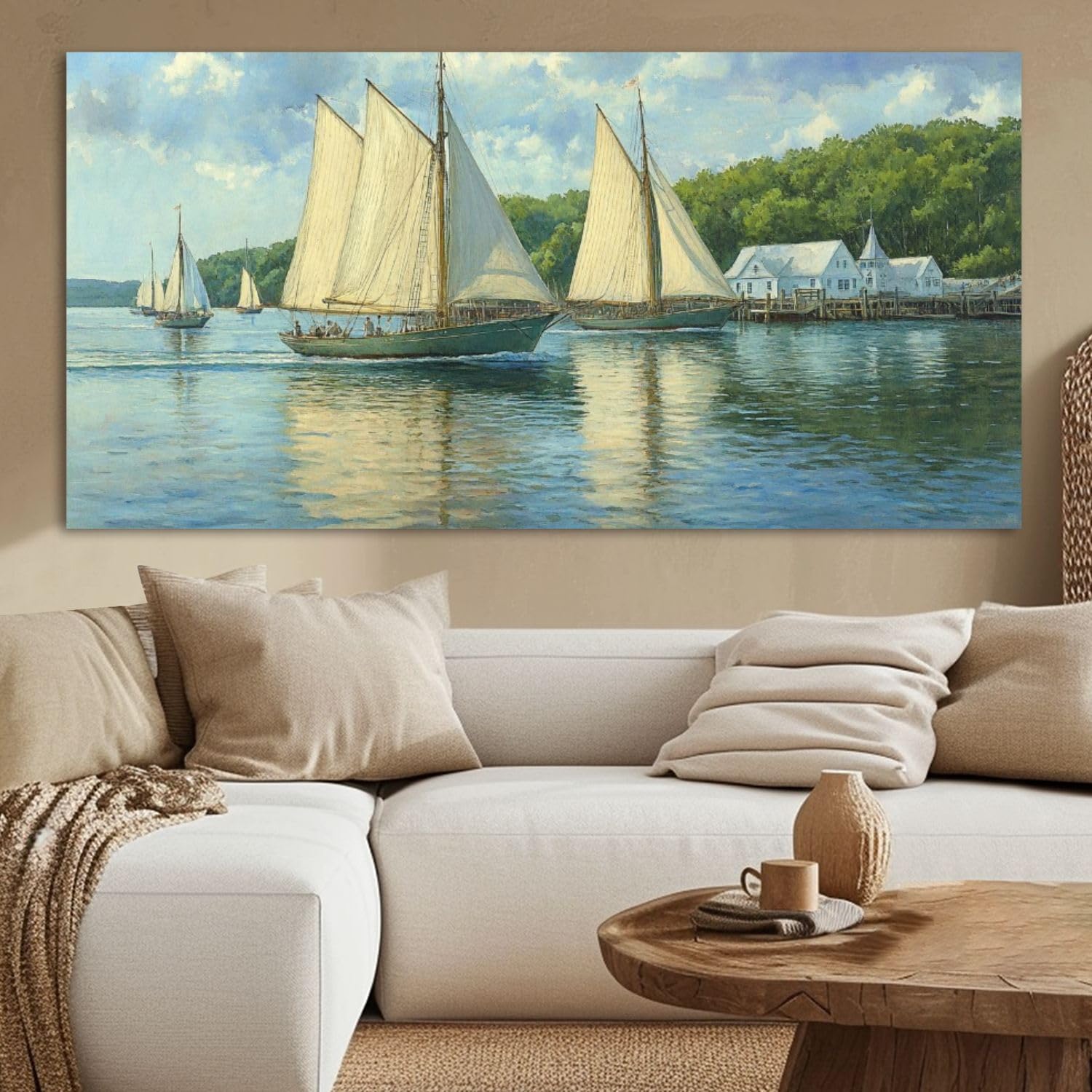 Framed Canvas Wall Art - Ocean Landscape Sailboat Abstract Painting 30