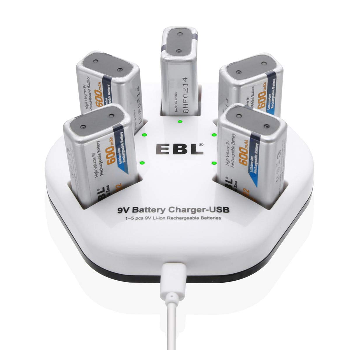 EBL 5-Pack 9V Lithium Ion Rechargeable Batteries with 5-Bay Smart Charger - Perfect for Smoke Detectors, Guitar Pedals & Electronic Devices
