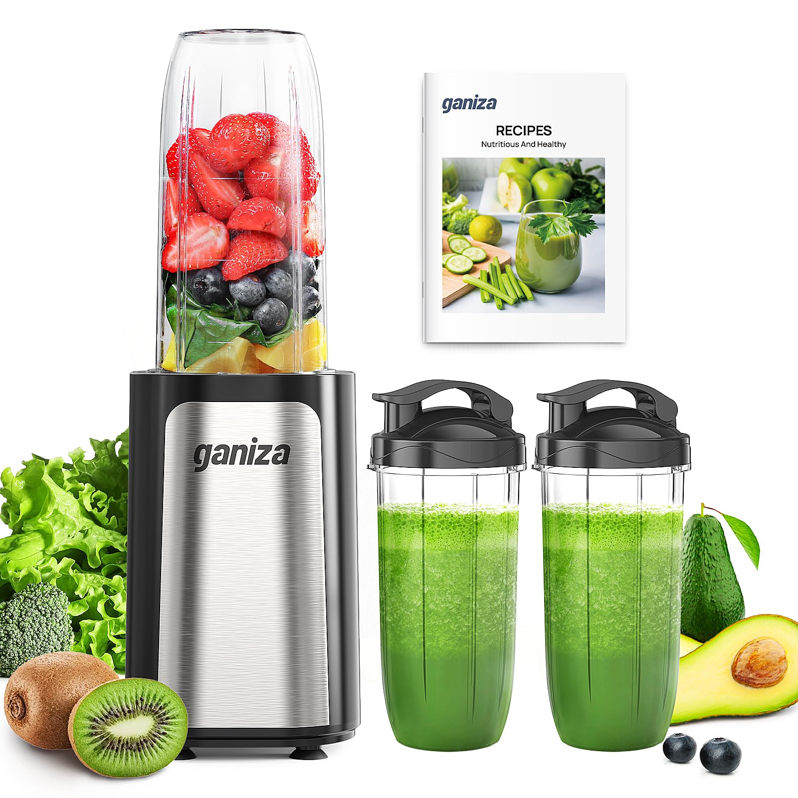 Ganiza 14-Piece Personal Blender for Smoothies & Shakes - 3 Portable Cups (24oz + 17oz x2) - Single Serve Nutritious Smoothie Maker for Kitchen, Gym, Office & Travel - Easy Recipe Blender for Healthy Drinks
