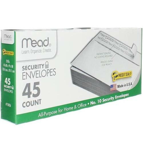 Mead #10 Security Envelopes 4.125x9.5 Inches - Peel & Seal Self-Adhesive, 45-Pack White - Perfect for Mailing Checks, Documents & Confidential Letters