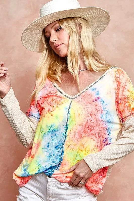 BiBi Print Block V Neck Top with Contrast Stitching - Stylish Women's Casual Blouse for Work, Date Night & Summer Outfits