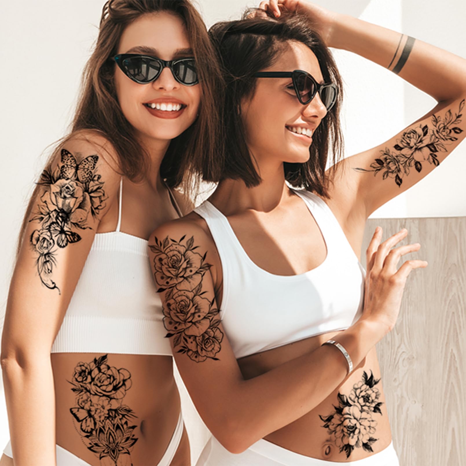 Realistic Black Flower Butterfly Temporary Tattoos for Women & Girls - 10 Sheets Large Waterproof Fake Tattoo Stickers - Long Lasting Body Art for Parties, Festivals, Cosplay & Summer Beach Looks