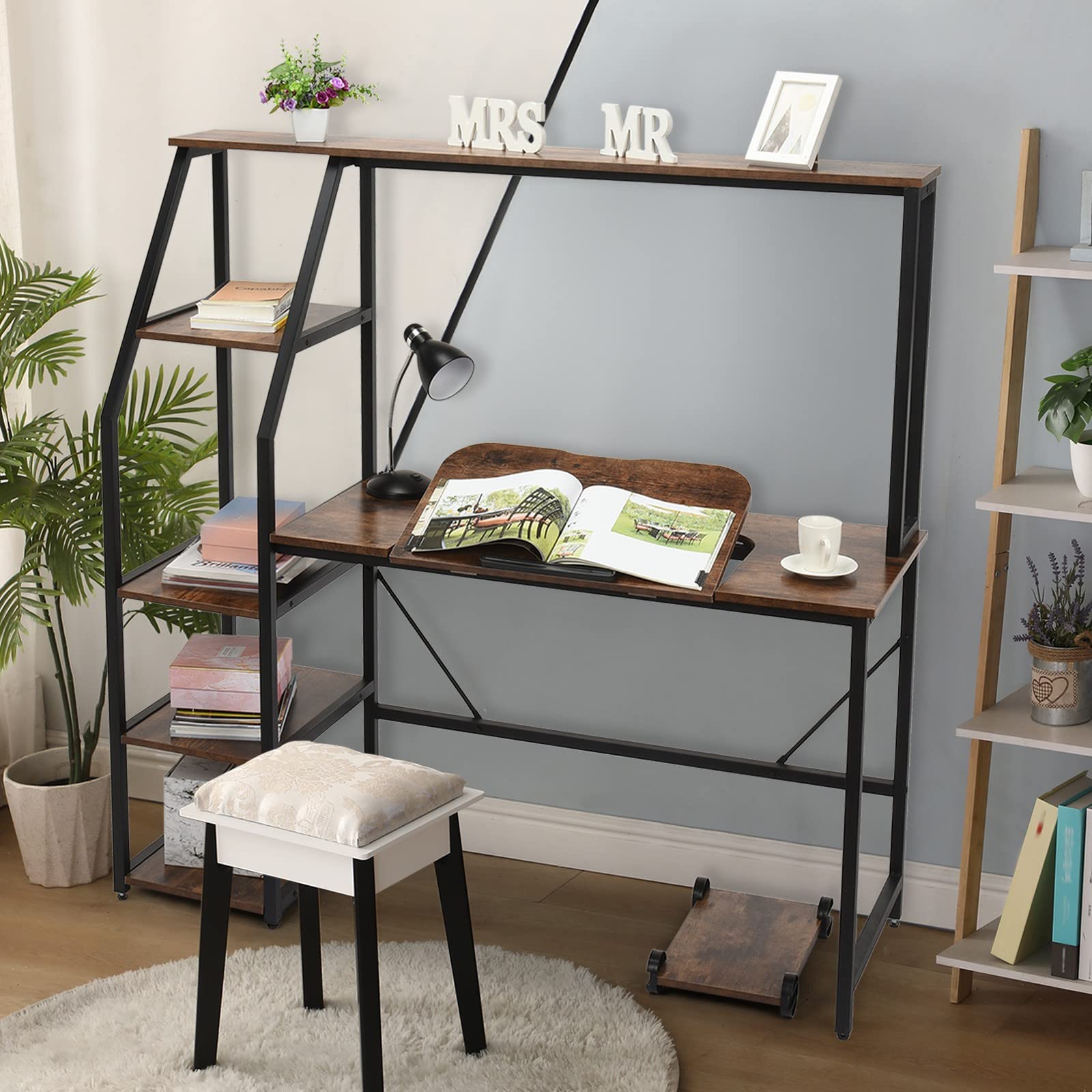 Adjustable Reversible Computer Desk with Storage Shelves & Tilting Drafting Table - Ergonomic Writing Craft Table with Non-Slip Bar & Height Adjustable Desktop (Brown) - Perfect for Home Office, Art Studio & Small Space Workstations