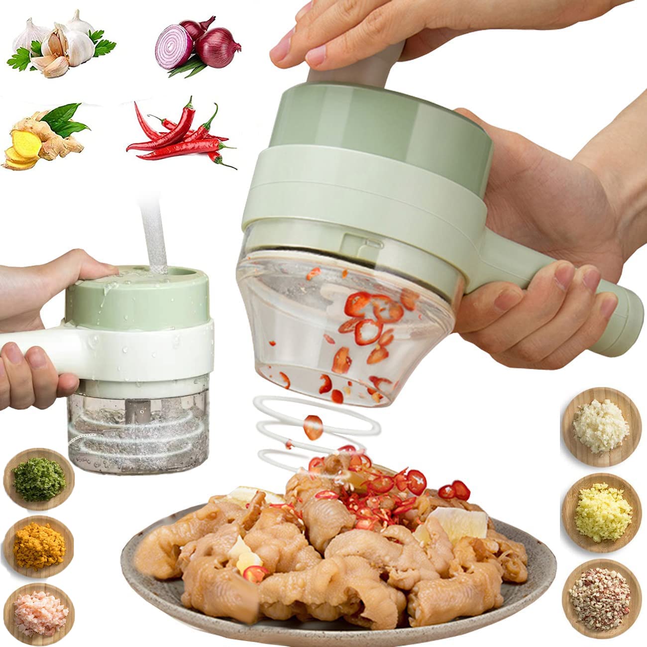 4-in-1 Portable Electric Vegetable Chopper Set - Mini Handheld Wireless Garlic Press, Food Dicer for Garlic, Pepper, Chili, Onion, Celery & Ginger (ABS) - Perfect for Kitchen, Camping & Small Space Cooking