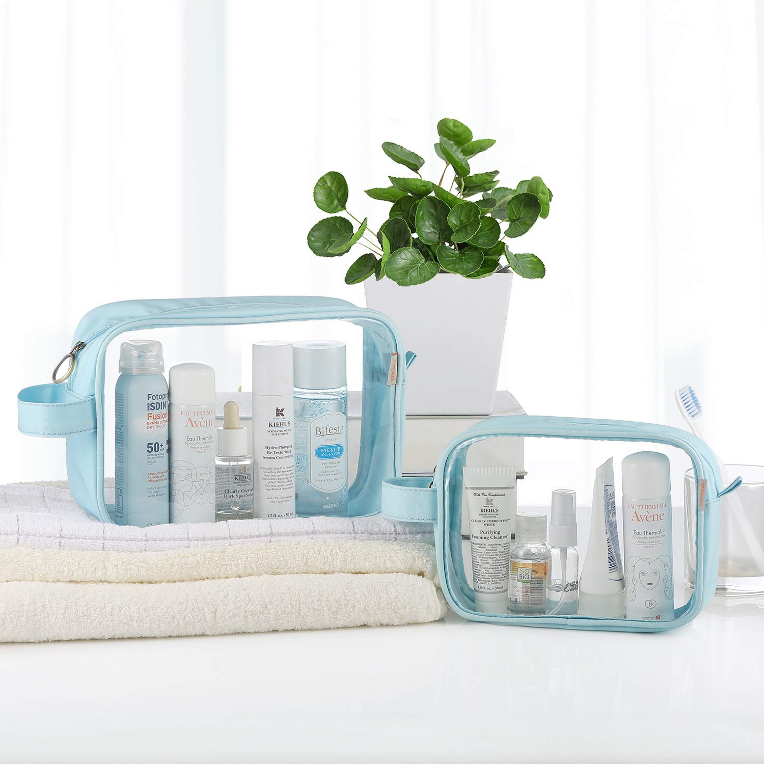 GAGAKU 2-Pack TSA Approved Clear Toiletry Bags for Travel - Waterproof Transparent Makeup Cosmetic Organizer with Handle Strap (Light Blue) | Perfect for Airports, Carry-On Luggage & Shower Essentials