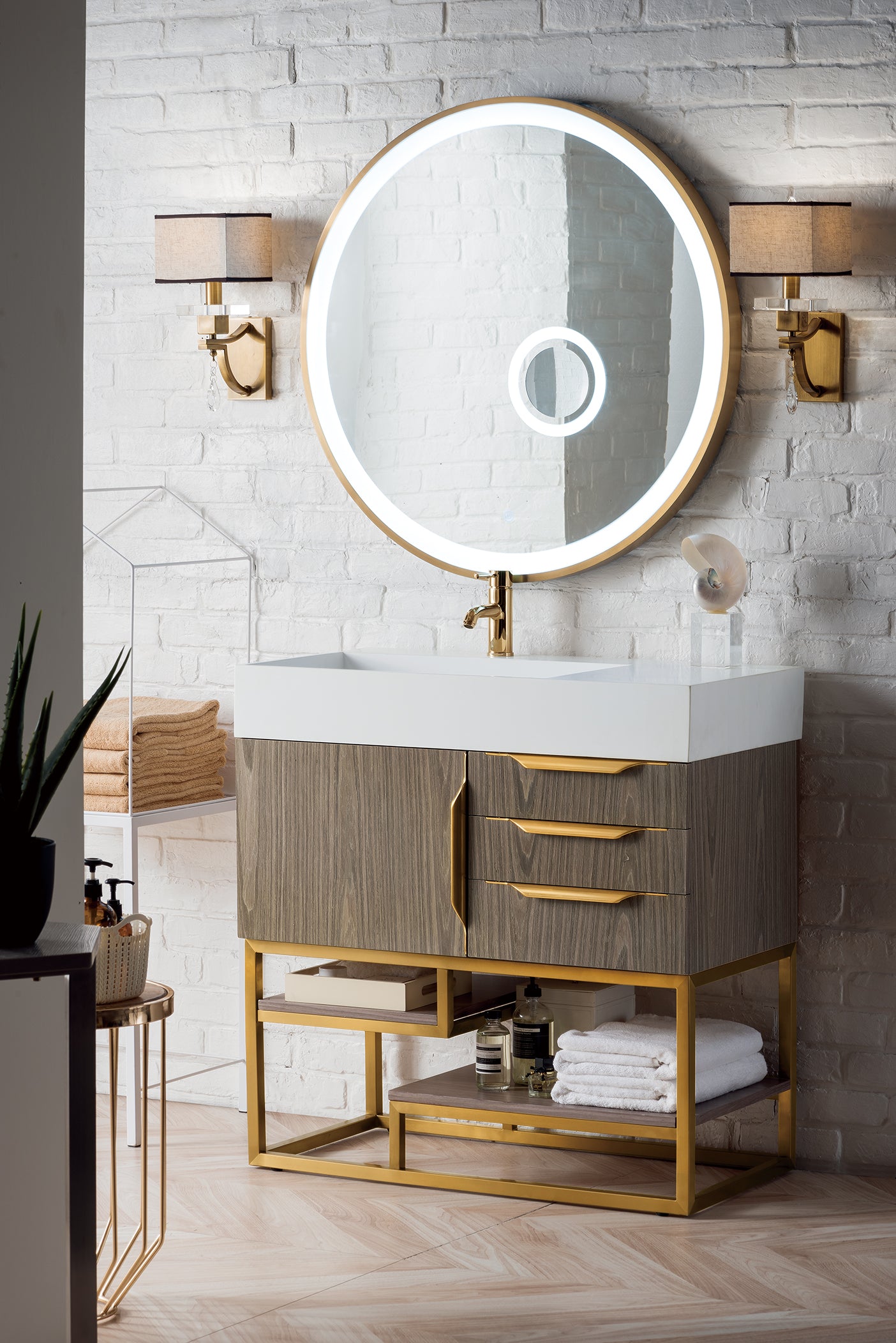 Columbia 36-Inch Single Bathroom Vanity in Ash Gray with Radiant Gold Accents & Glossy White Composite Top - Perfect for Modern & Small Bathroom Spaces