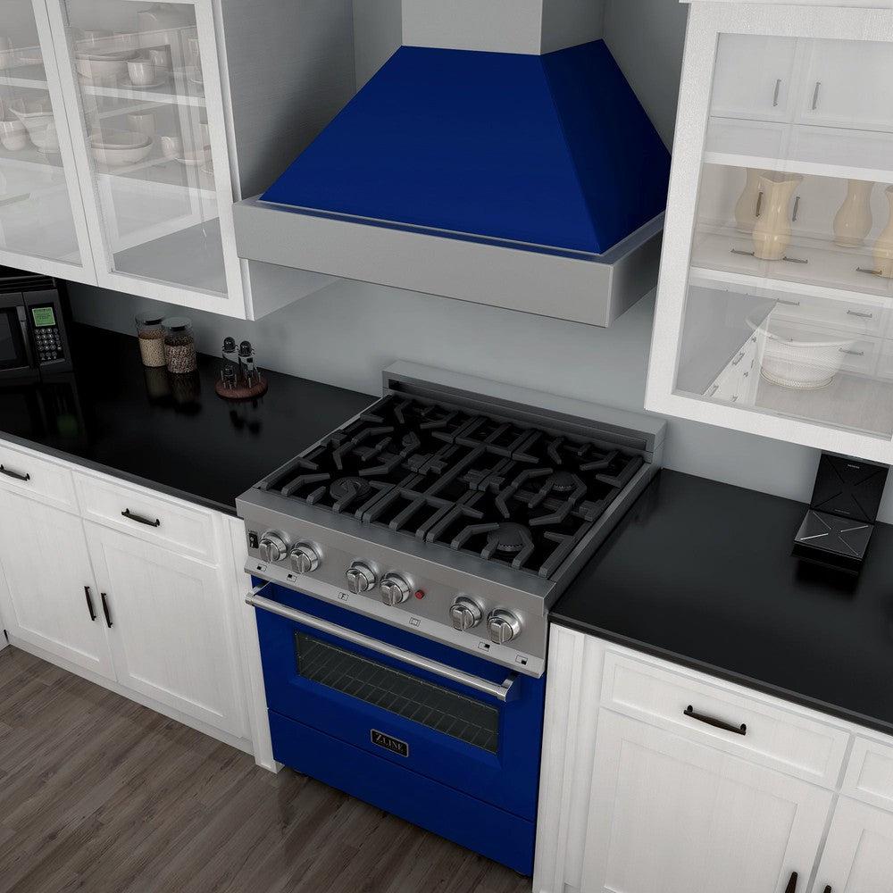 ZLINE 30 Inch 4.0 cu ft Dual Fuel Range - 4 Burner Gas Cooktop & Electric Convection Oven - Satin Stainless Steel with Blue Gloss Door (RAS BG 30) - Perfect for Modern Kitchens & Professional Cooking