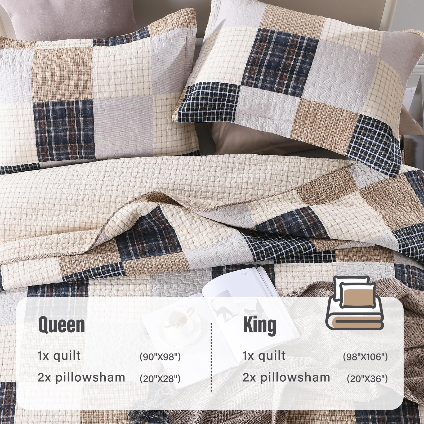 Farmhouse Style Queen Size Quilt Set - 100% Cotton Plaid Bedspread with 2 Pillow Shams | Lightweight & Breathable Quilted Bedding in Brown Tan | 90x98 Inch | Perfect for Cozy Farmhouse Bedrooms, Guest Rooms & Rustic Home Decor