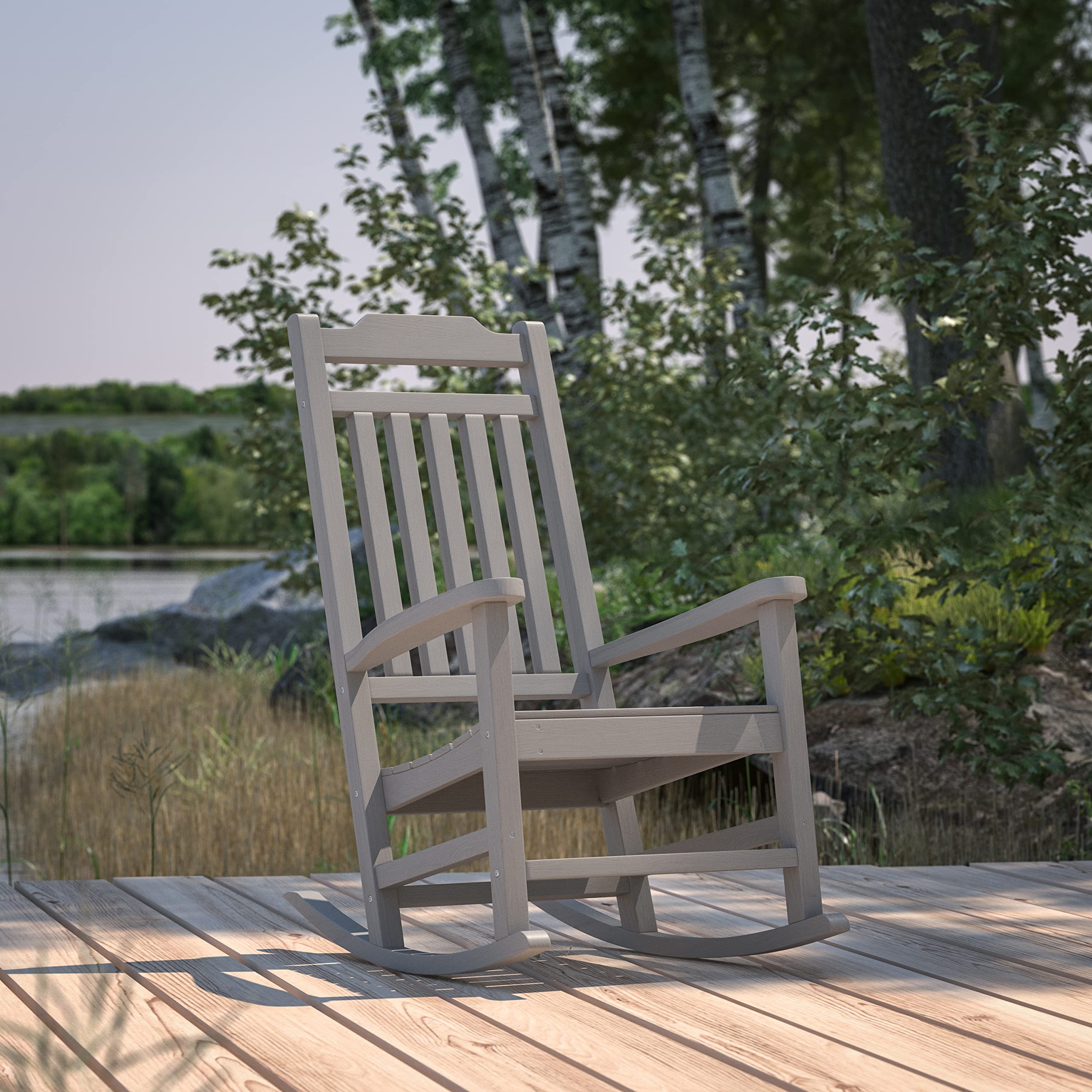 Merrick Lane Hillford All-Weather Rocking Chair - Gray Poly Resin Indoor/Outdoor Patio Rocker - Perfect for Porch, Deck, Garden & Sunroom Relaxation