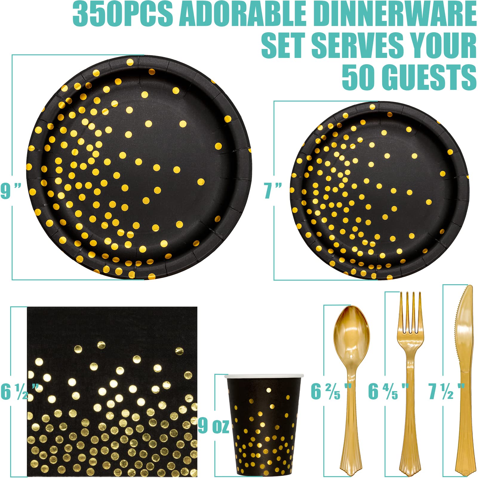 350PCS Black and Gold Party Supplies Set - Disposable Dinnerware with Gold Dot Paper Plates, Napkins, Cups & Plastic Cutlery for Birthday, Wedding, Baby Shower Decorations - Elegant Tableware for Women & Men's Special Events
