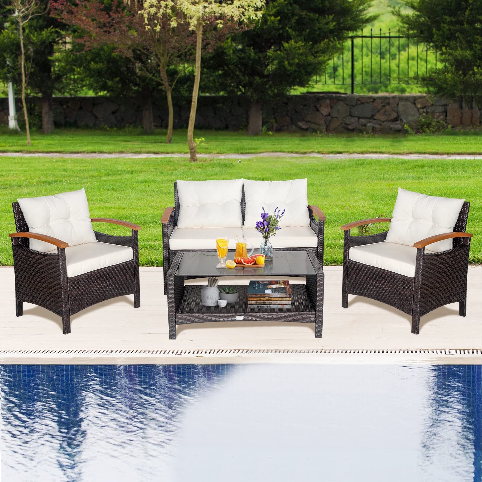 HAPPYGRILL 4-Piece Outdoor Patio Furniture Set - Rattan Sectional Sofa with Soft Cushions & Coffee Table, Wicker Conversation Set with Acacia Wood Armrests - Perfect for Poolside, Garden, Backyard, Deck & Patio Relaxation