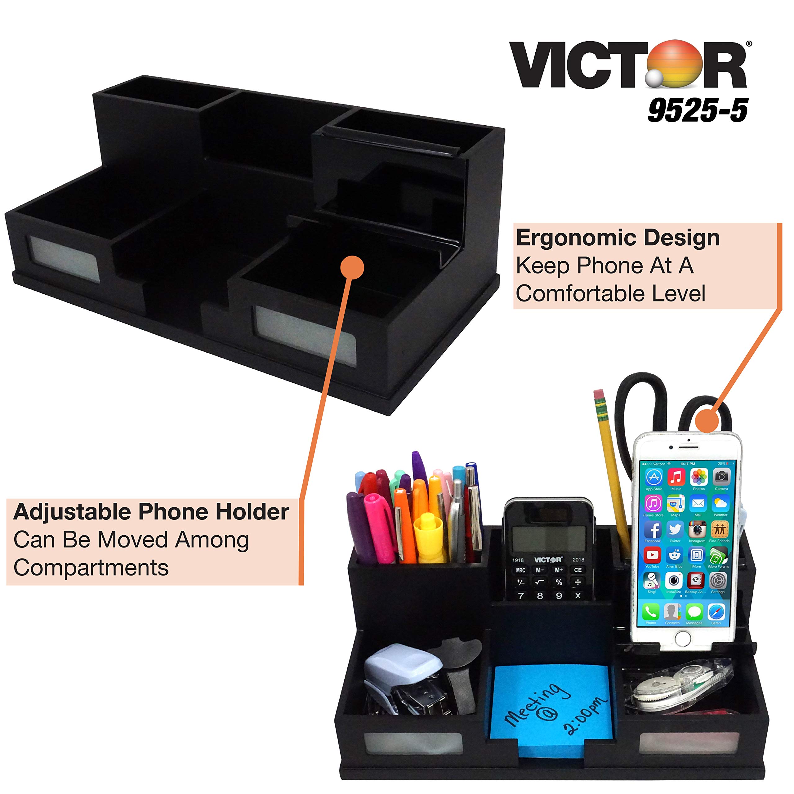 Victor Wood Desk Organizer with Smartphone Holder - Midnight Black (9525-5) | Stylish Office Desk Accessory for Home & Workspace Organization