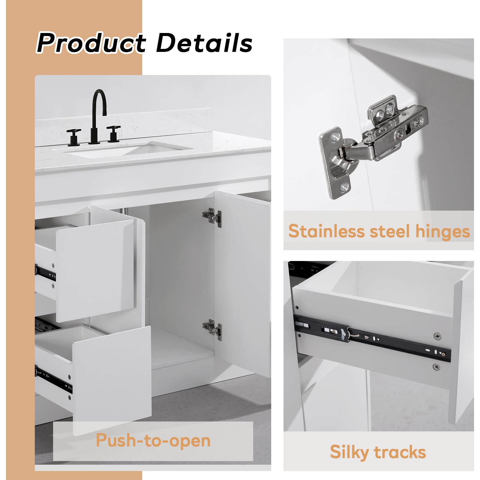 48 Inch White Bathroom Vanity with Sink Combo - Undermount Stone Top & Ceramic Sink, Thick Wood Cabinet with Soft Closing Doors & Drawers - Perfect for Modern Bathrooms, Master Bath Suites & Home Renovations