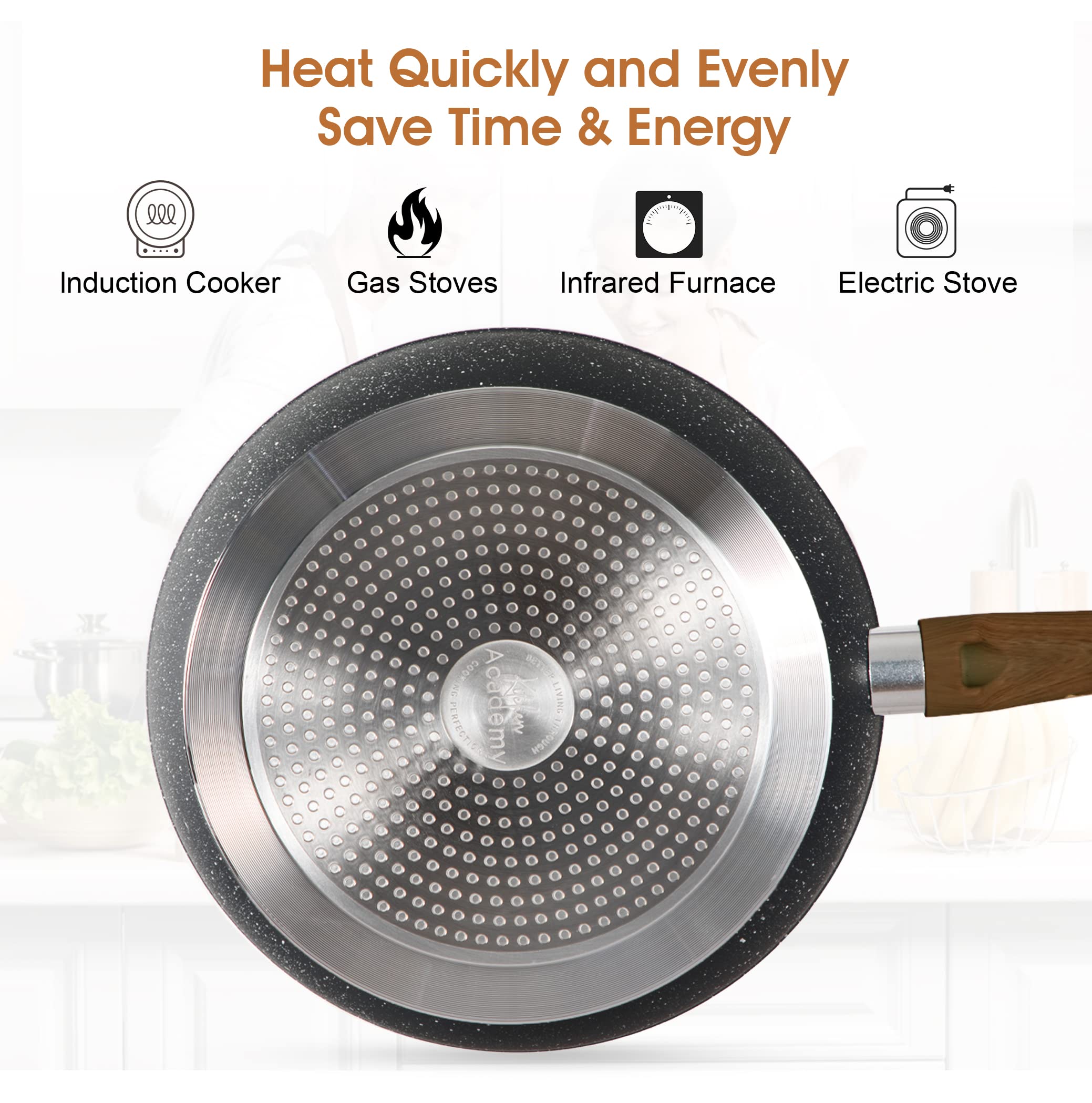 Kitchen Academy 17-Piece Induction Cookware Set - Nonstick Black Granite Pots & Pans for Gas & Electric Stoves | Perfect for Home Cooking, Professional Chefs & Everyday Meal Prep