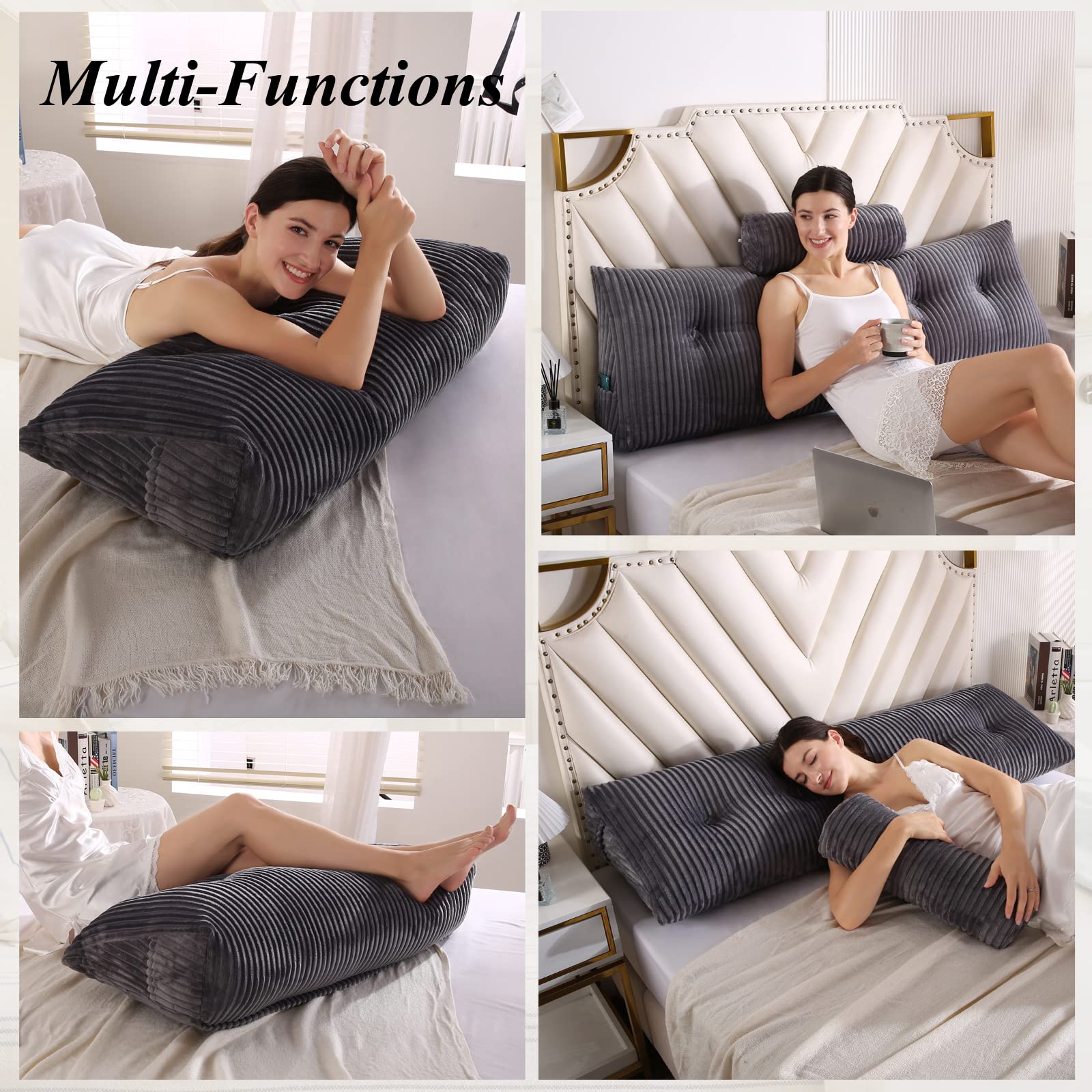 Wedge Headboard Pillows & Bolster Pillow Set - Queen Size 59x8x20 Inches - Bed Wedge Pillow for Headboard Support, Reading in Bed, Backrest & Sitting Comfort - Perfect for Relaxing, Watching TV & Post-Surgery Recovery