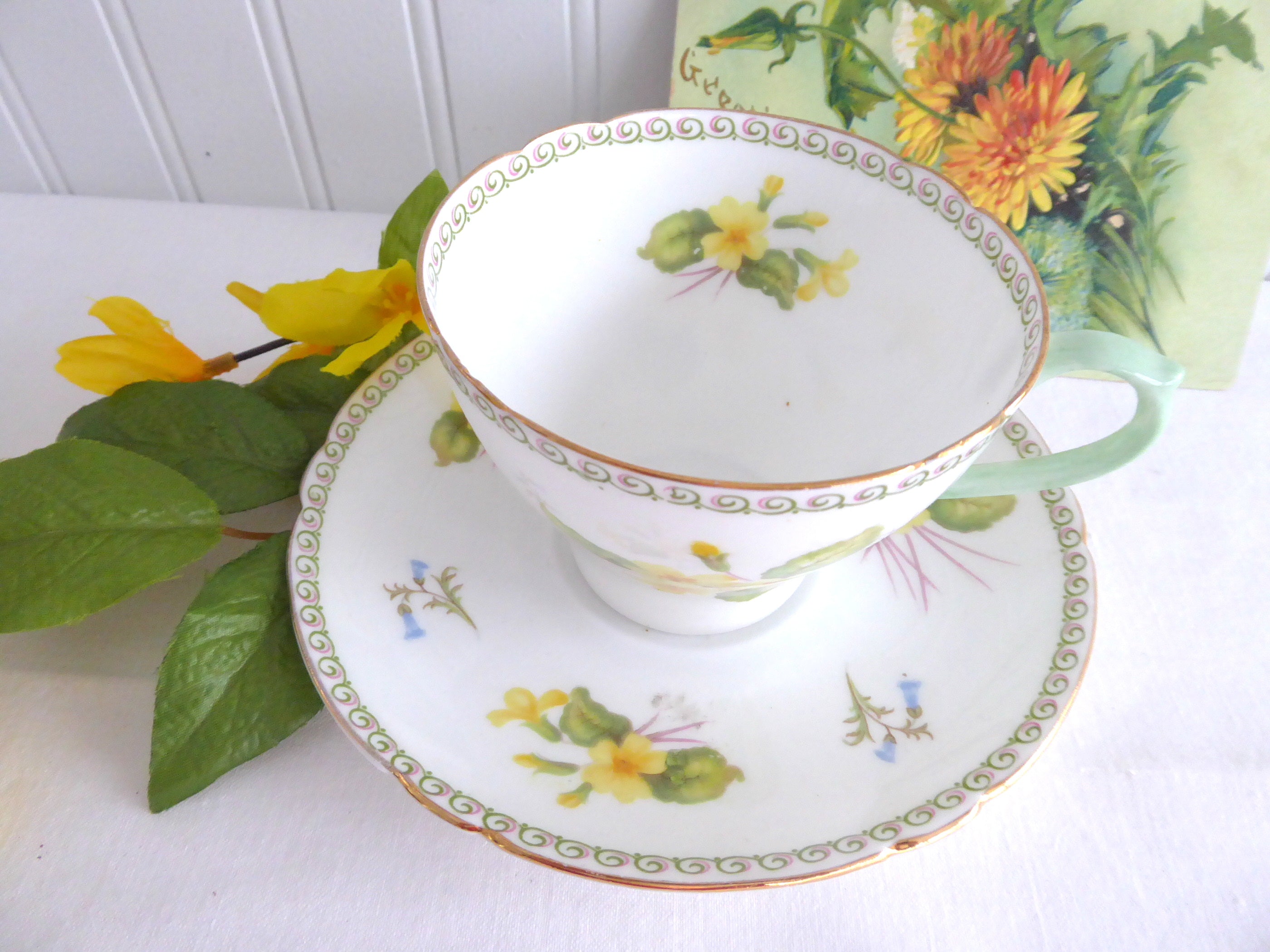 Vintage Shelley Primrose Cambridge Cup and Saucer Set with Green Handle & Gold Trim - 1950s English Fine China for Afternoon Tea & Collectible Display
